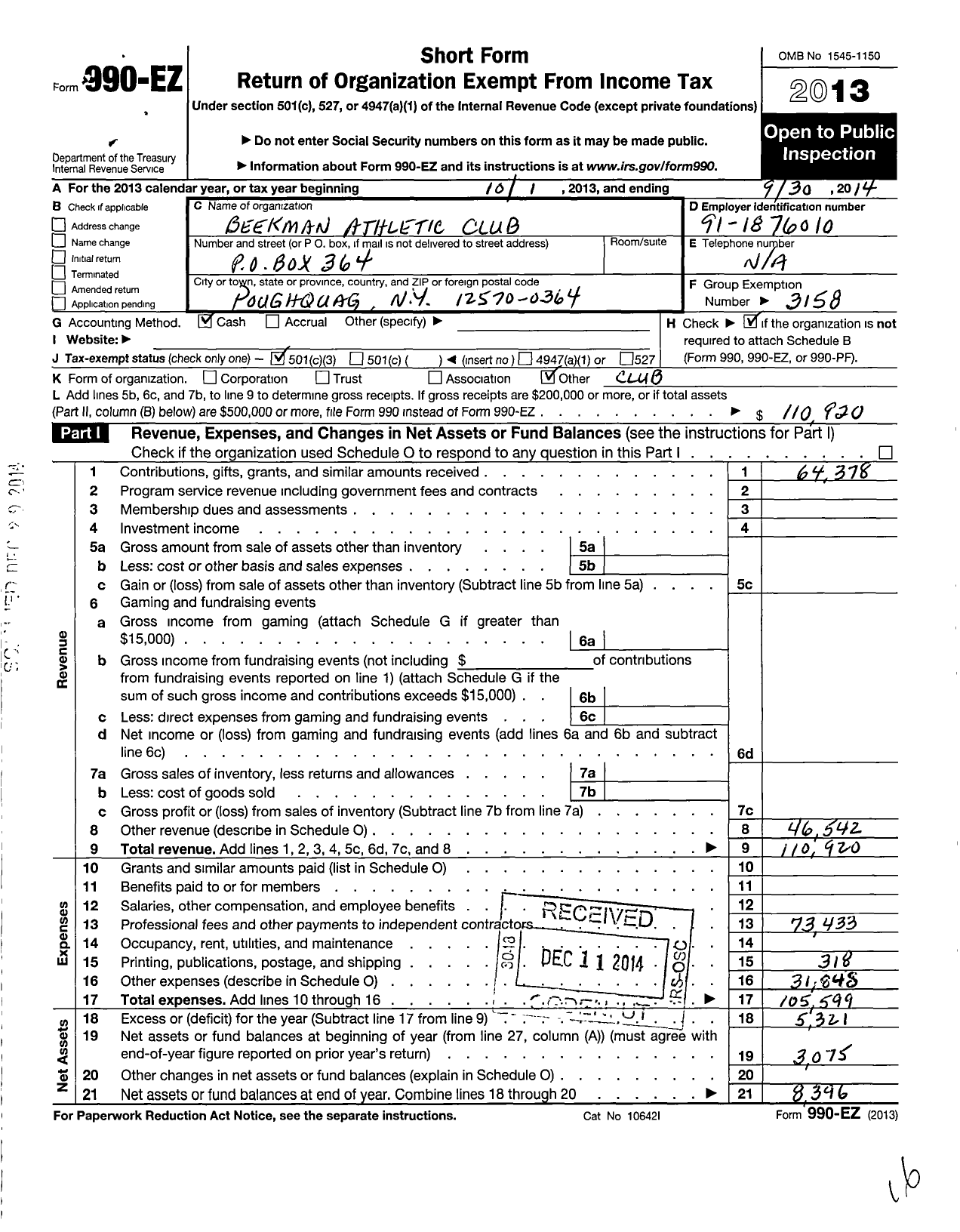 Image of first page of 2013 Form 990EZ for Beekman Athletic Club