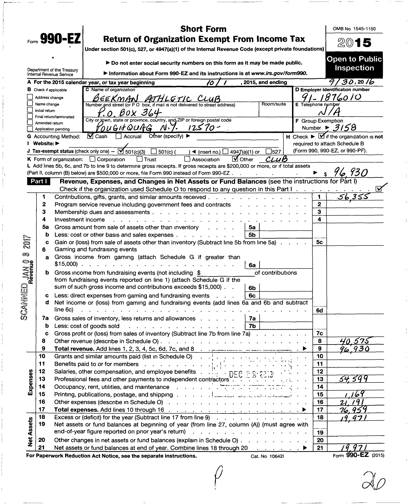 Image of first page of 2015 Form 990EZ for Beekman Athletic Club