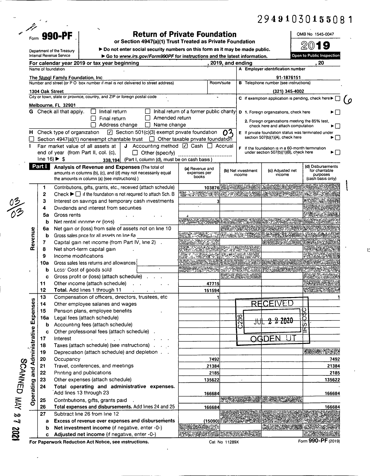 Image of first page of 2019 Form 990PF for The Stingl Family Foundation