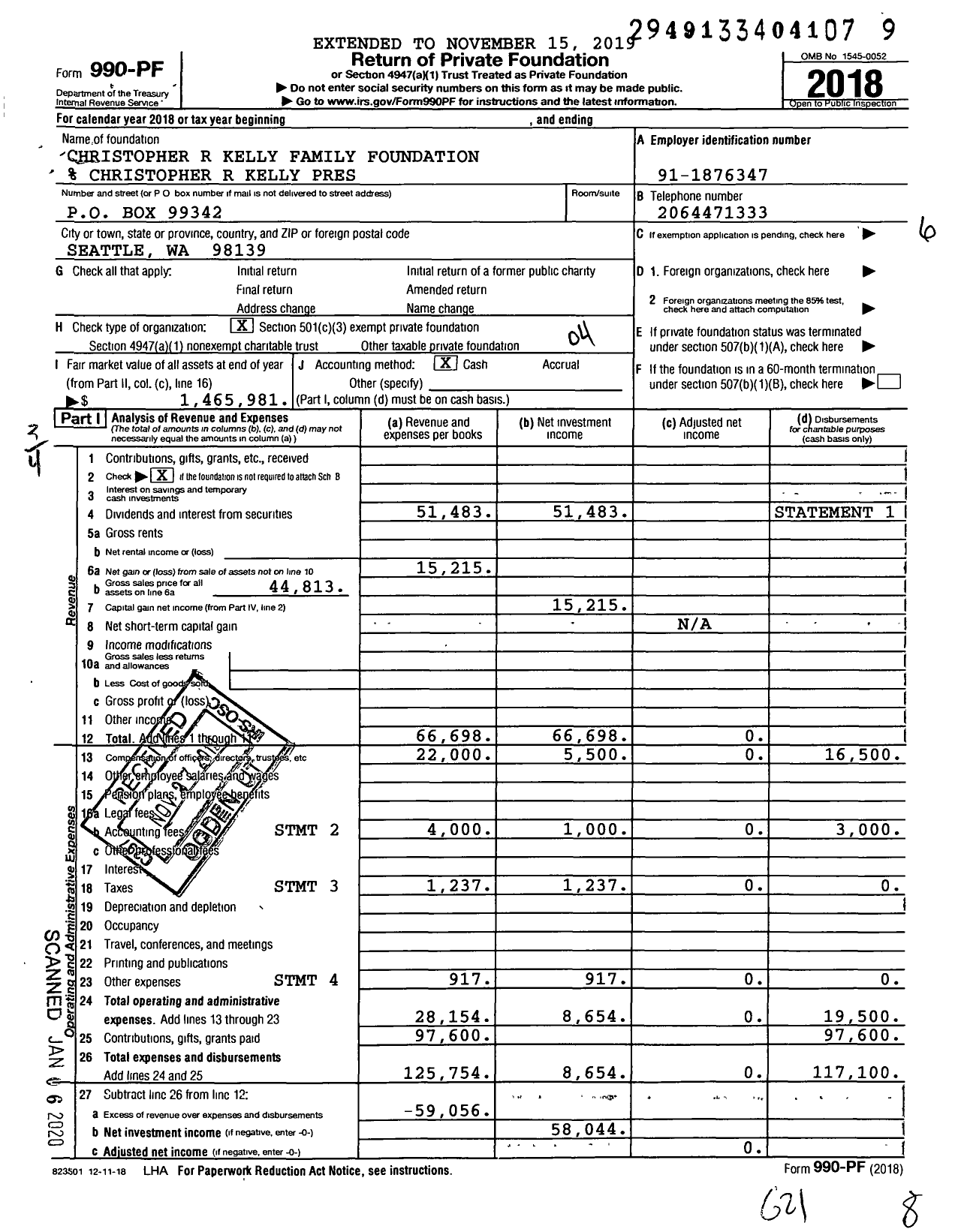 Image of first page of 2018 Form 990PF for Christopher R Kelly Family Foundation