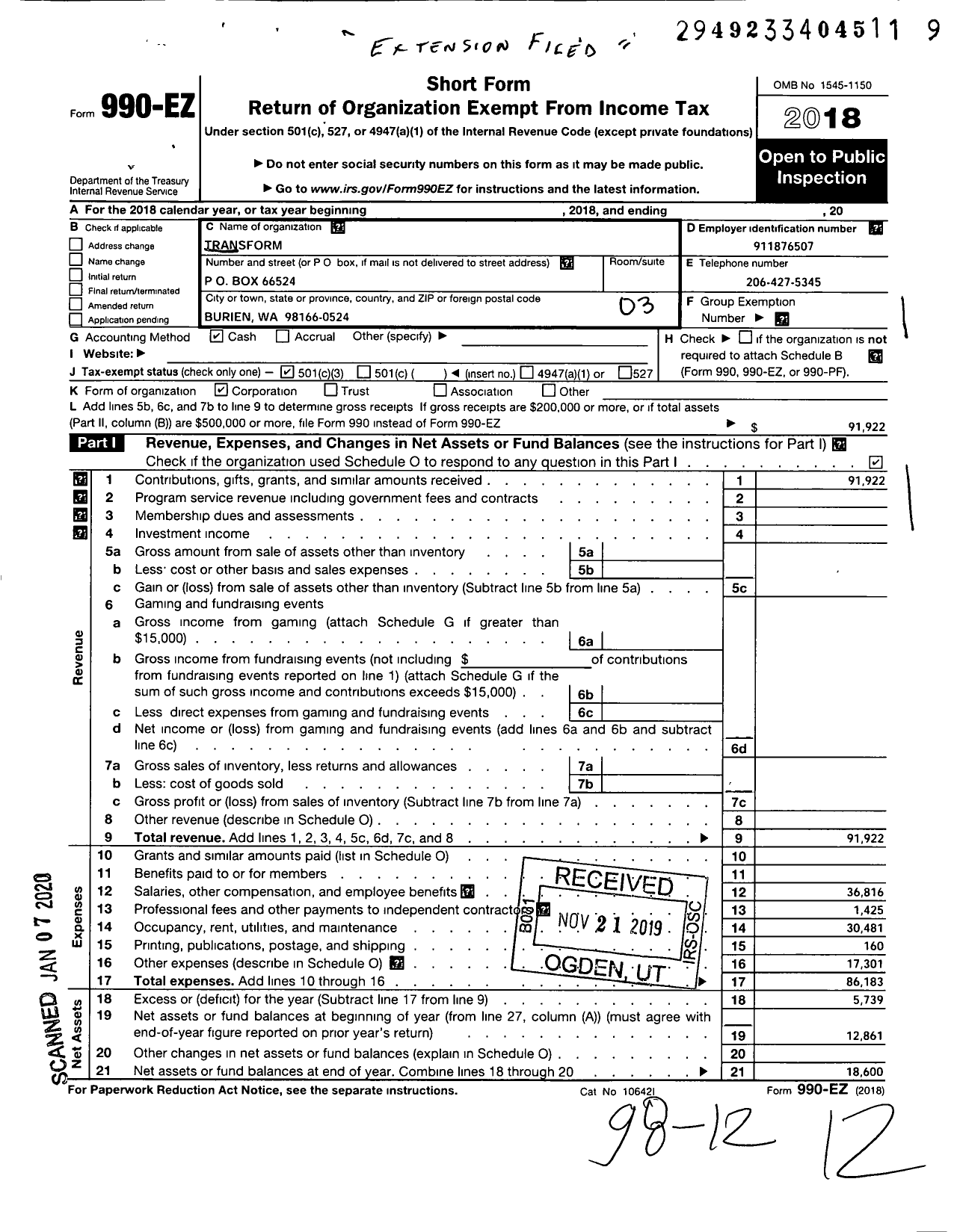 Image of first page of 2018 Form 990EZ for Transform