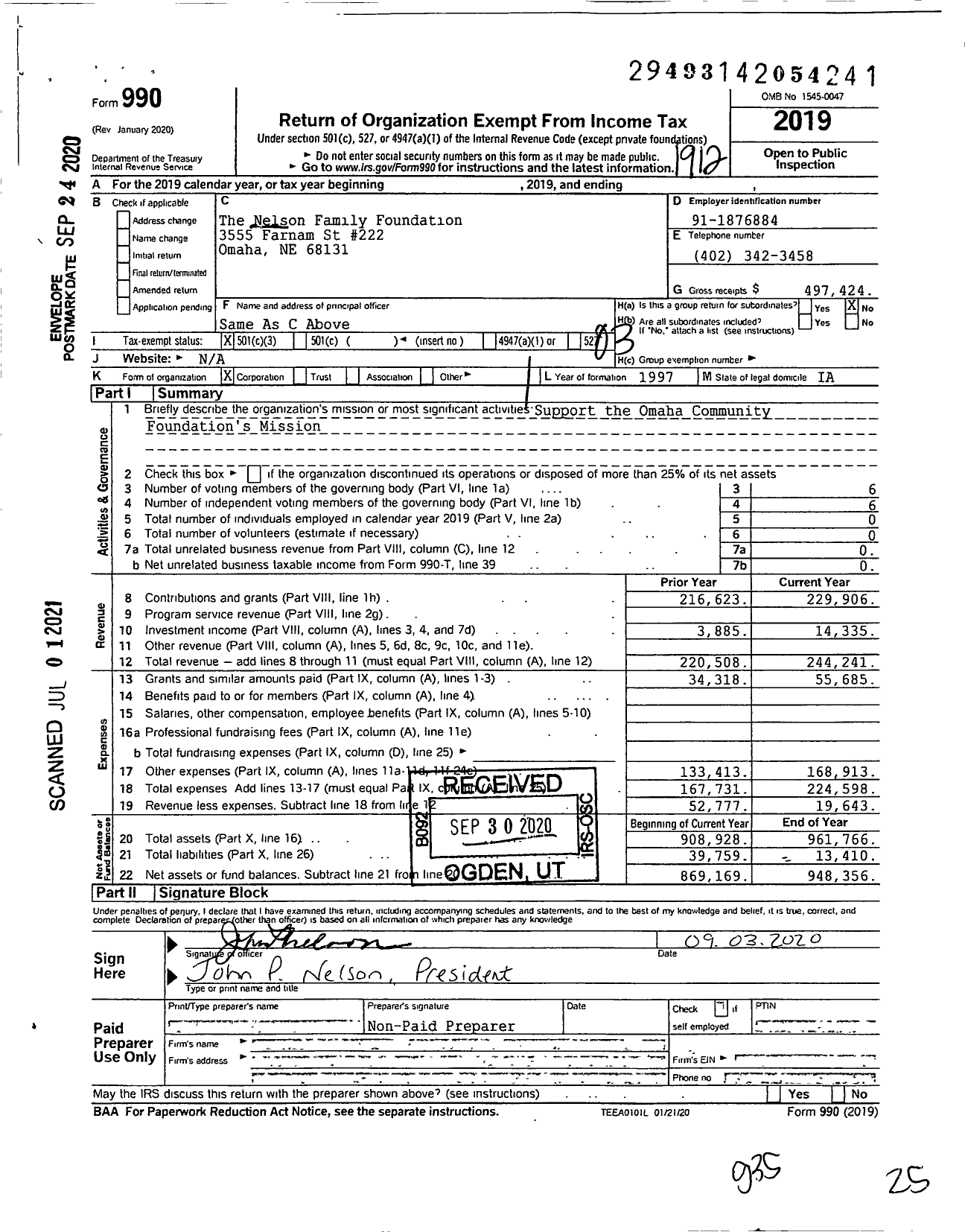Image of first page of 2019 Form 990 for The Nelson Family Foundation