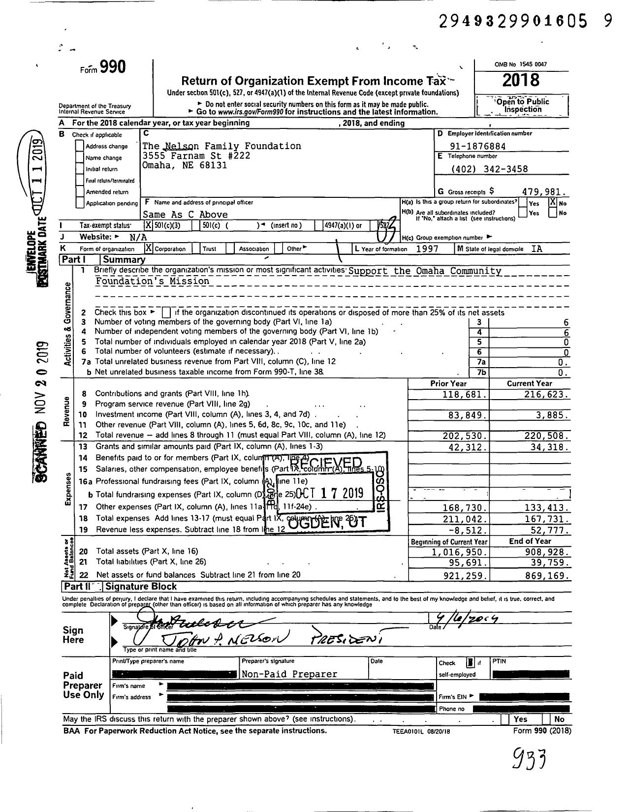 Image of first page of 2018 Form 990 for The Nelson Family Foundation