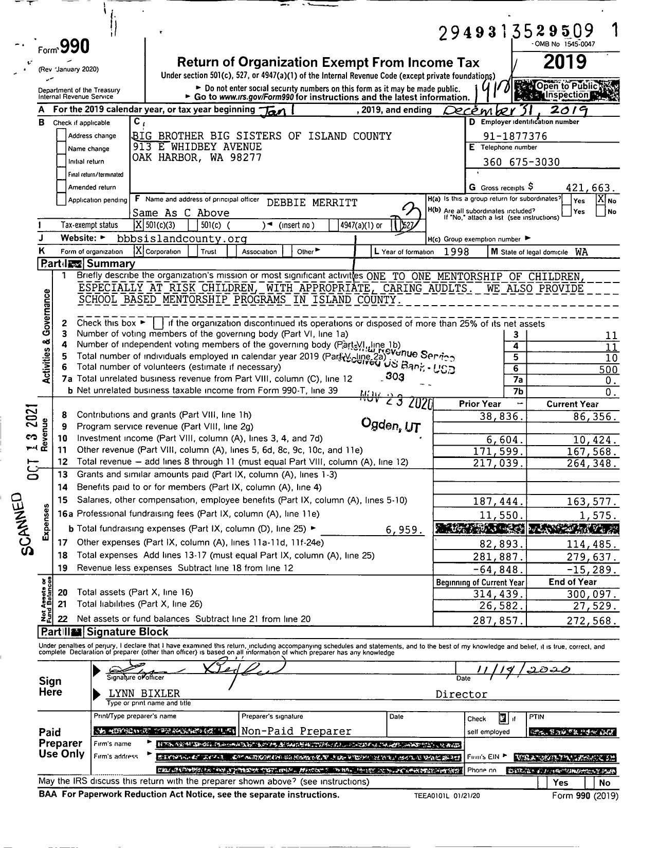 Image of first page of 2019 Form 990 for Big Brothers Big Sisters of Island County