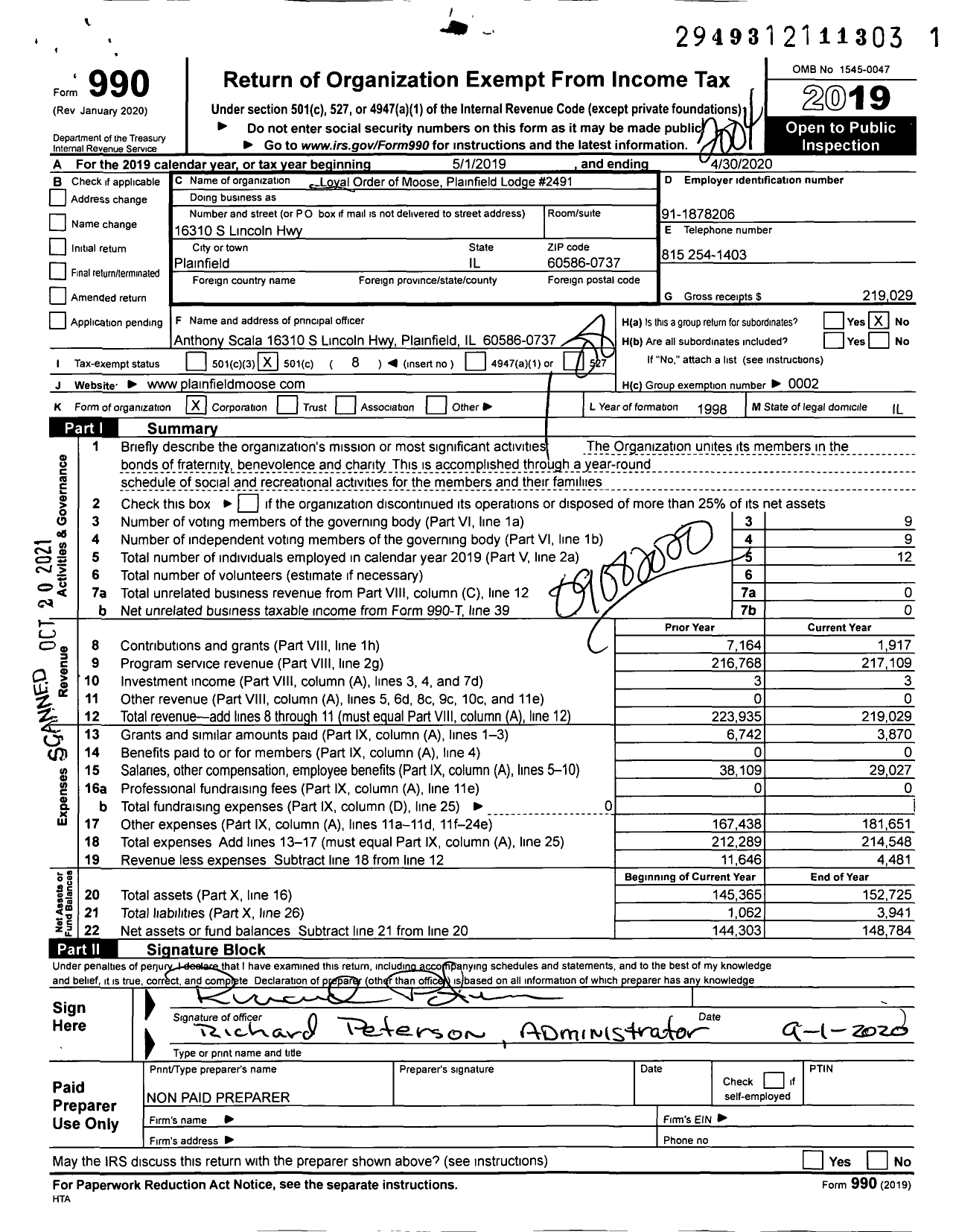 Image of first page of 2019 Form 990O for Loyal Order of Moose - 2491