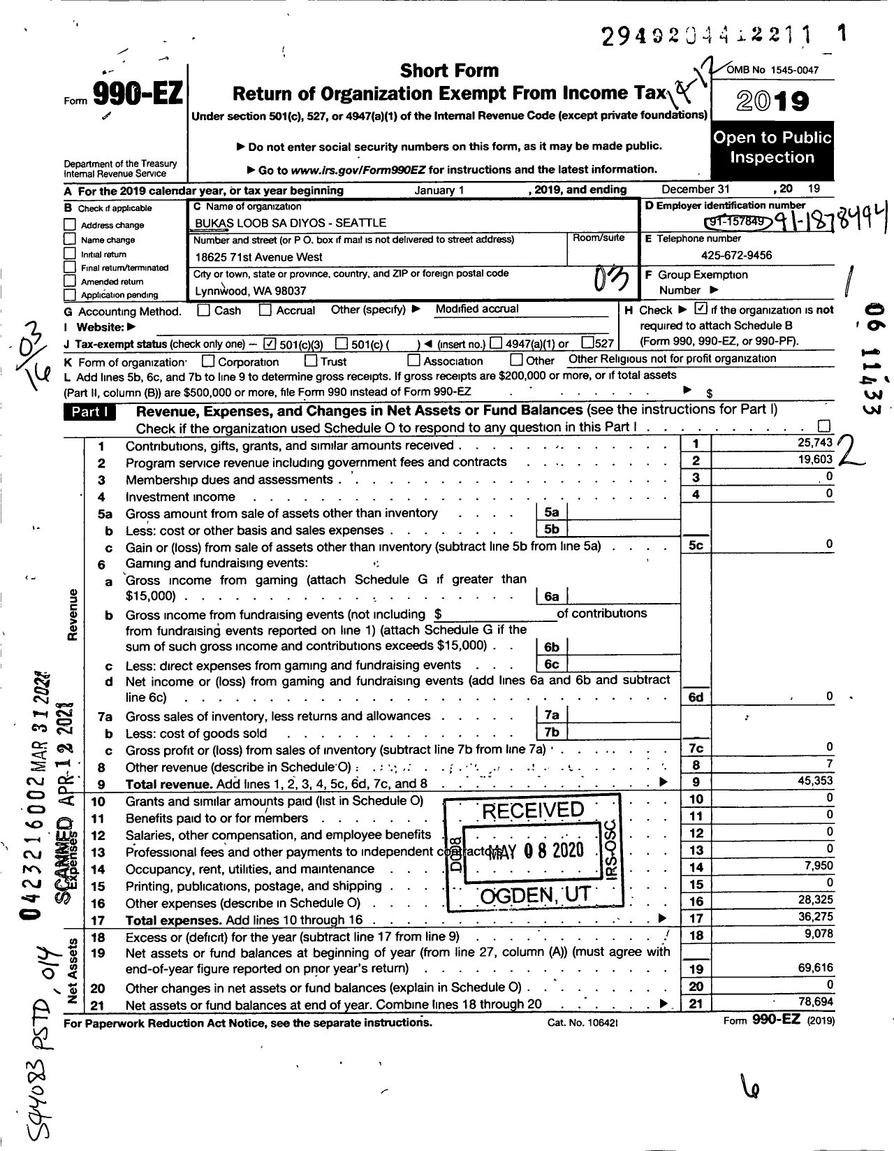 Image of first page of 2019 Form 990EZ for Bukas Loob Sa Diyos Seattle