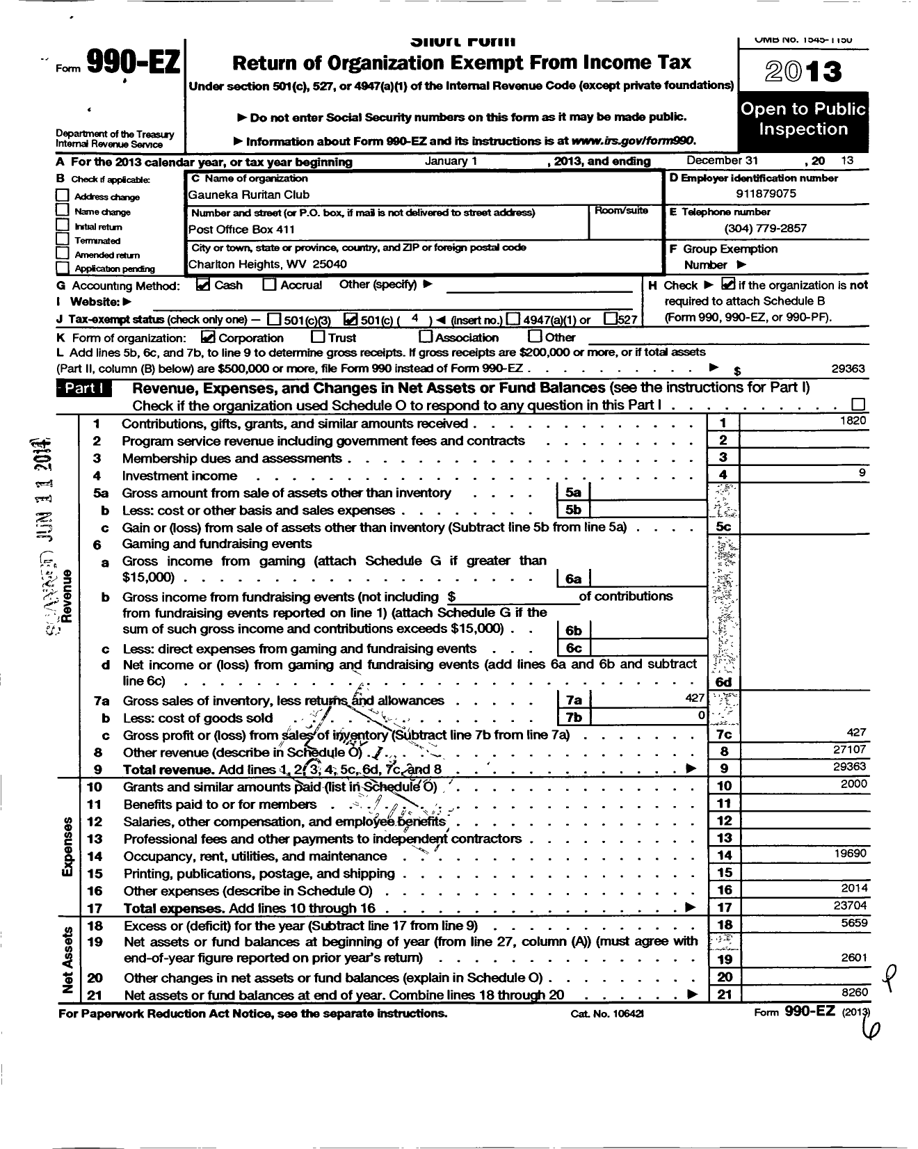 Image of first page of 2013 Form 990EO for Ruritan - Gauneka