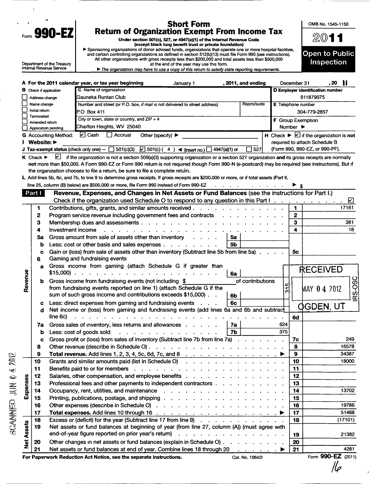 Image of first page of 2011 Form 990EO for Ruritan - Gauneka