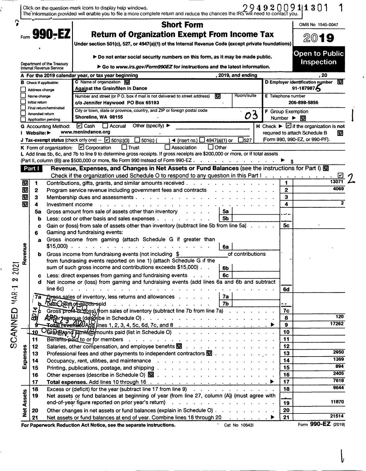 Image of first page of 2019 Form 990EZ for Against the Grain-Men in Dance