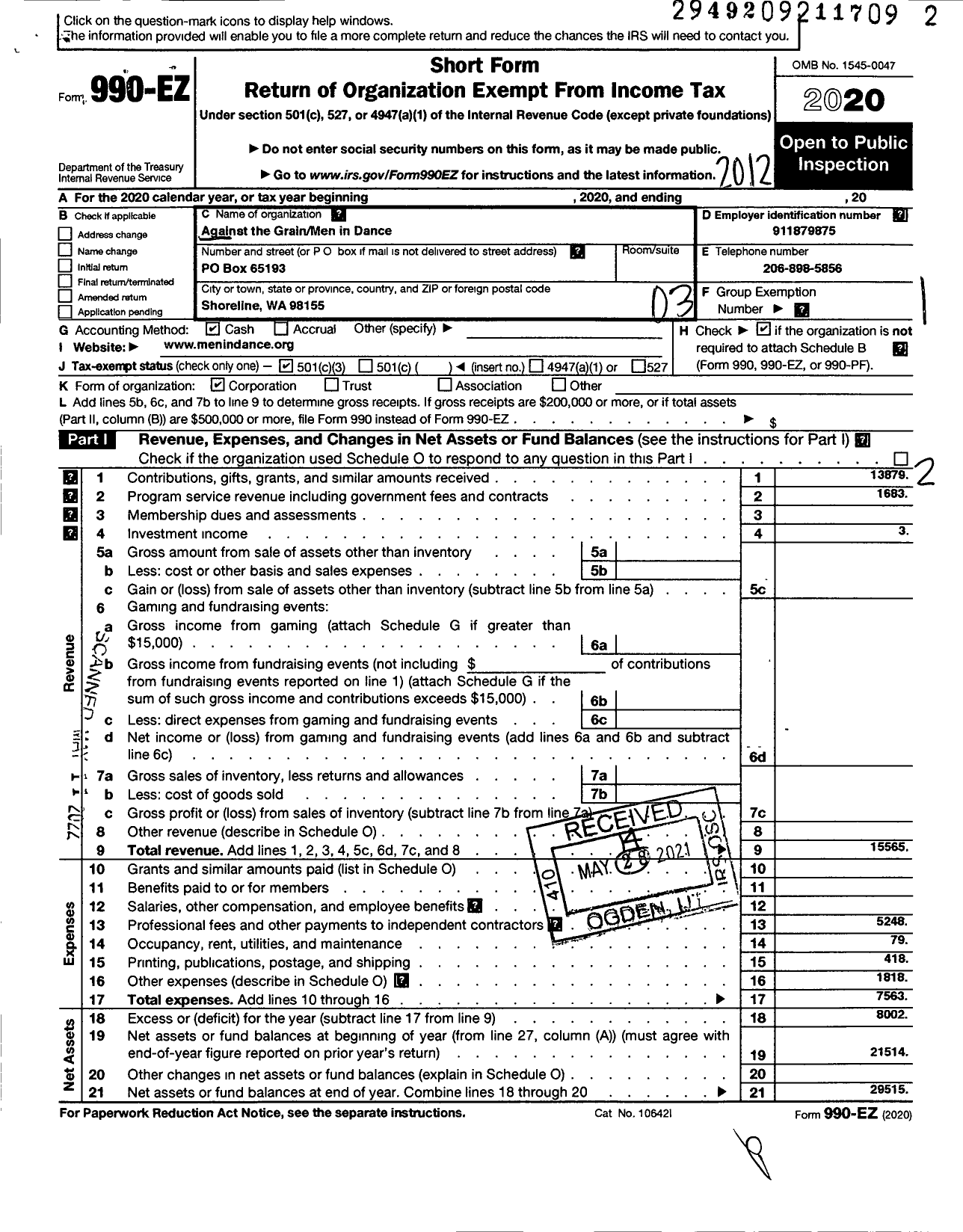 Image of first page of 2020 Form 990EZ for Against the Grain-Men in Dance