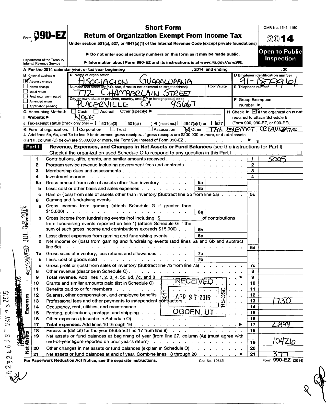 Image of first page of 2014 Form 990EO for Asociacion Guadalupana