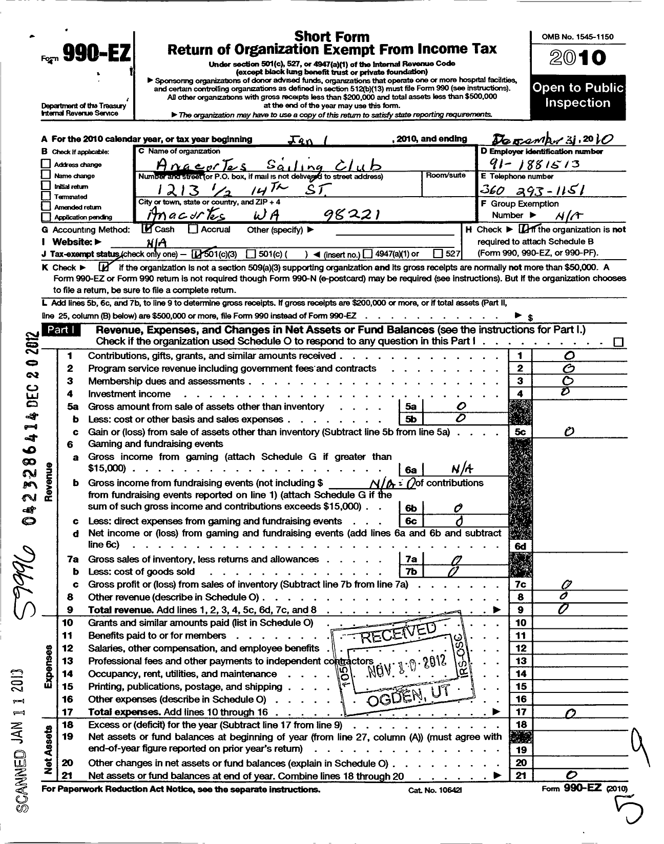 Image of first page of 2010 Form 990EZ for Anacortes Sailing Club