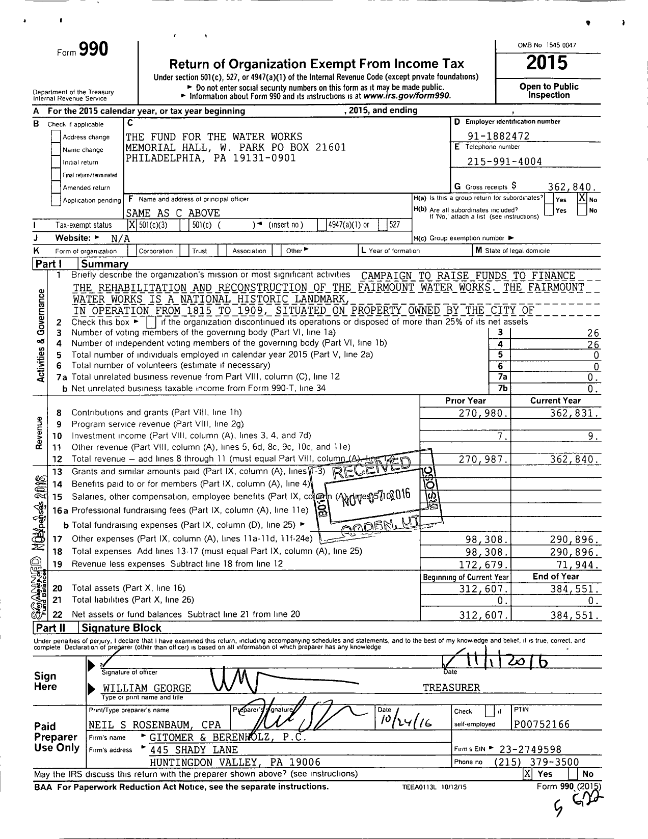 Image of first page of 2015 Form 990 for The Fund for the Water Works