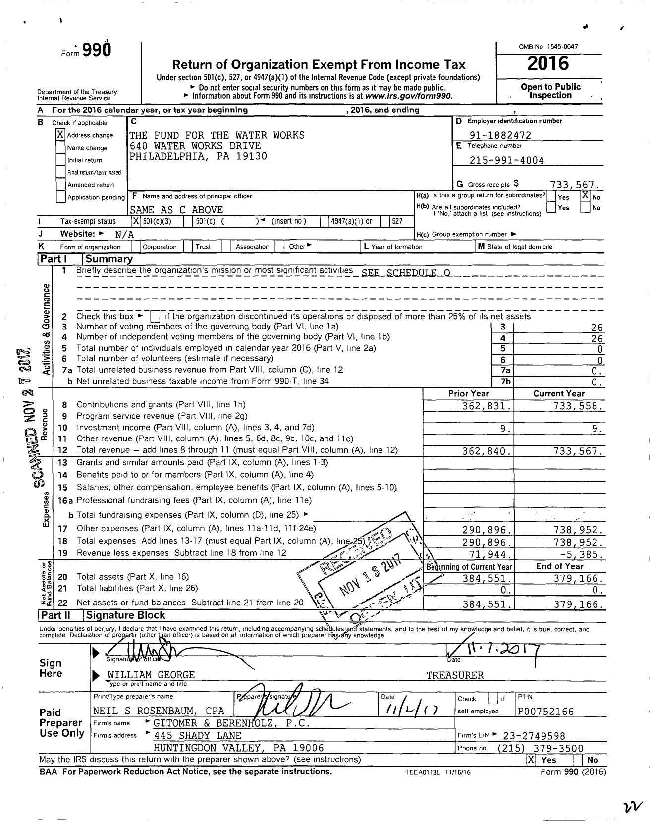 Image of first page of 2016 Form 990 for The Fund for the Water Works