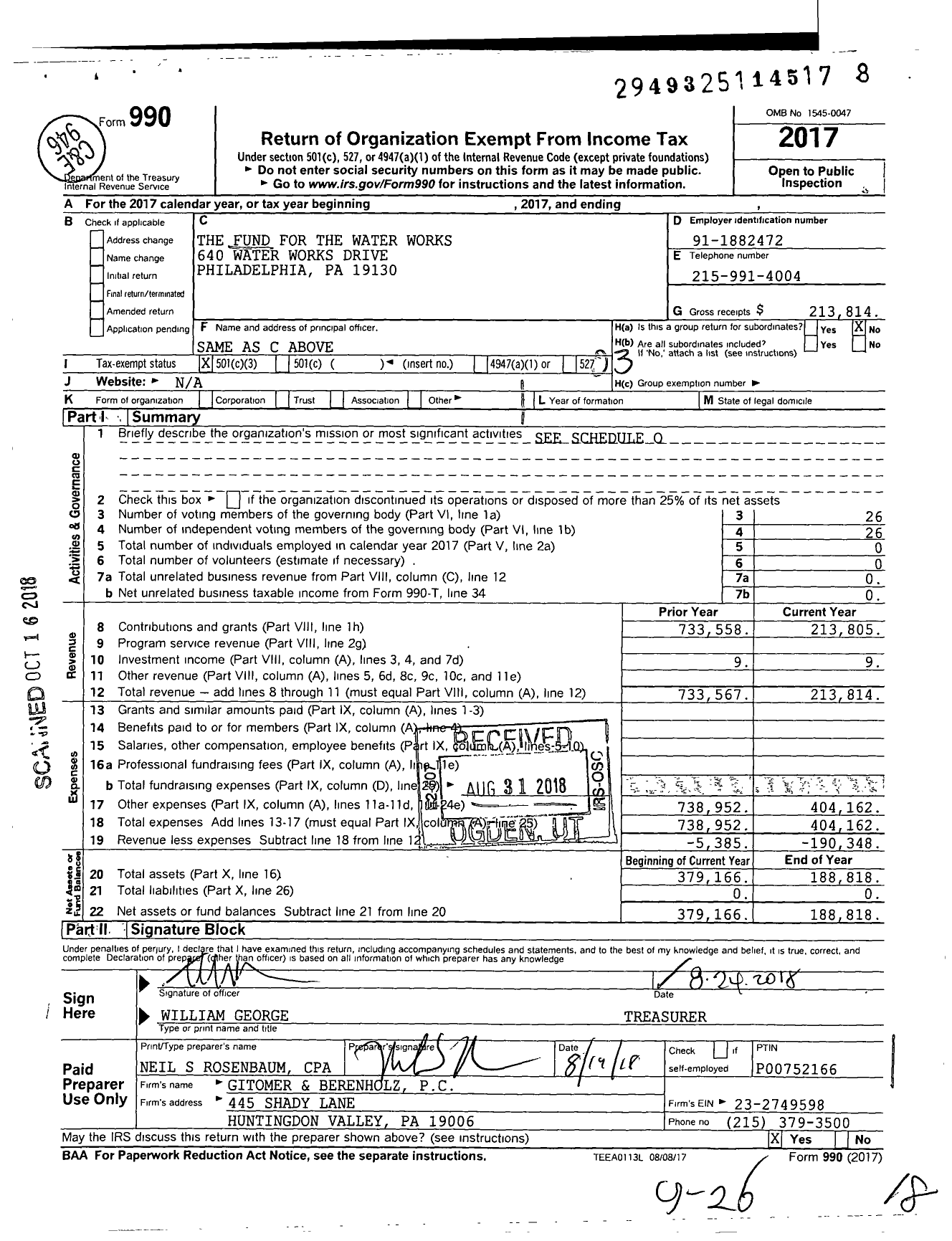 Image of first page of 2017 Form 990 for The Fund for the Water Works
