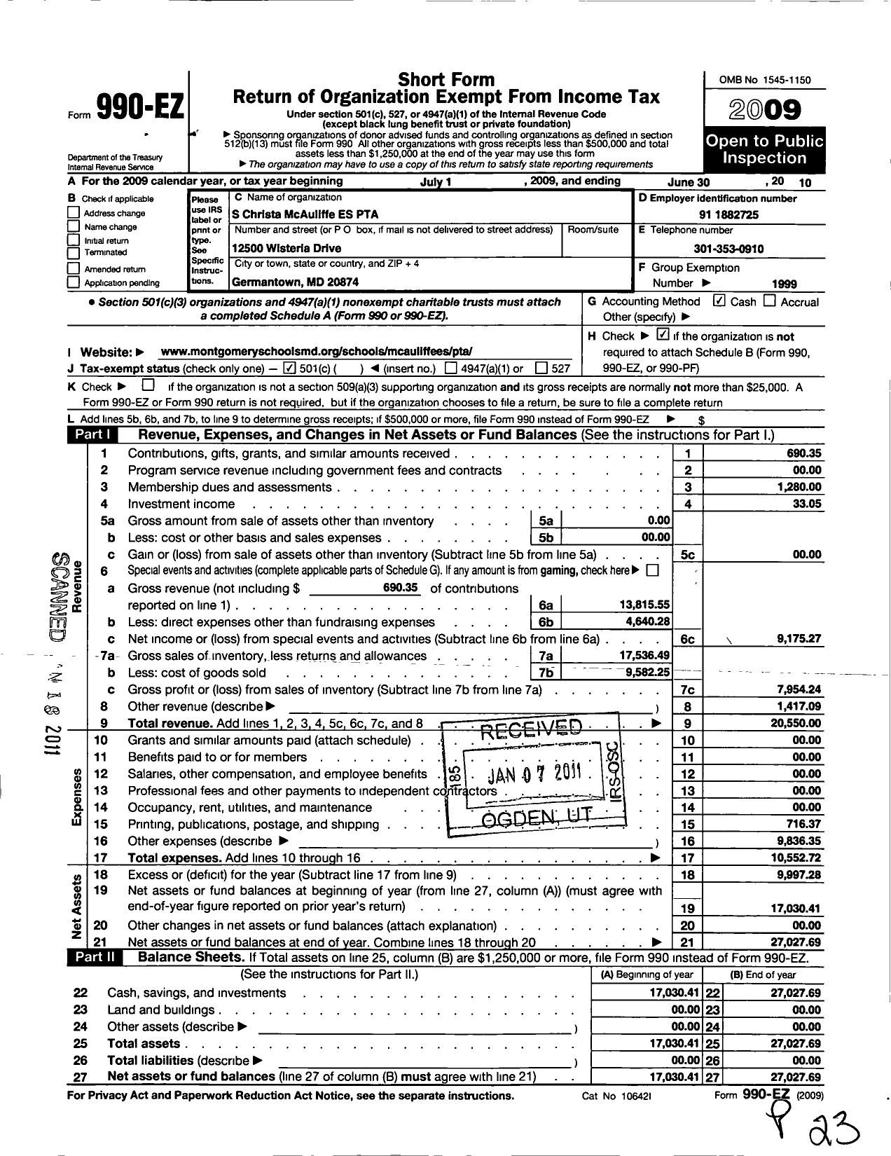 Image of first page of 2009 Form 990EO for PTA Delaware Congress / S Christa Mcaullife School PTA