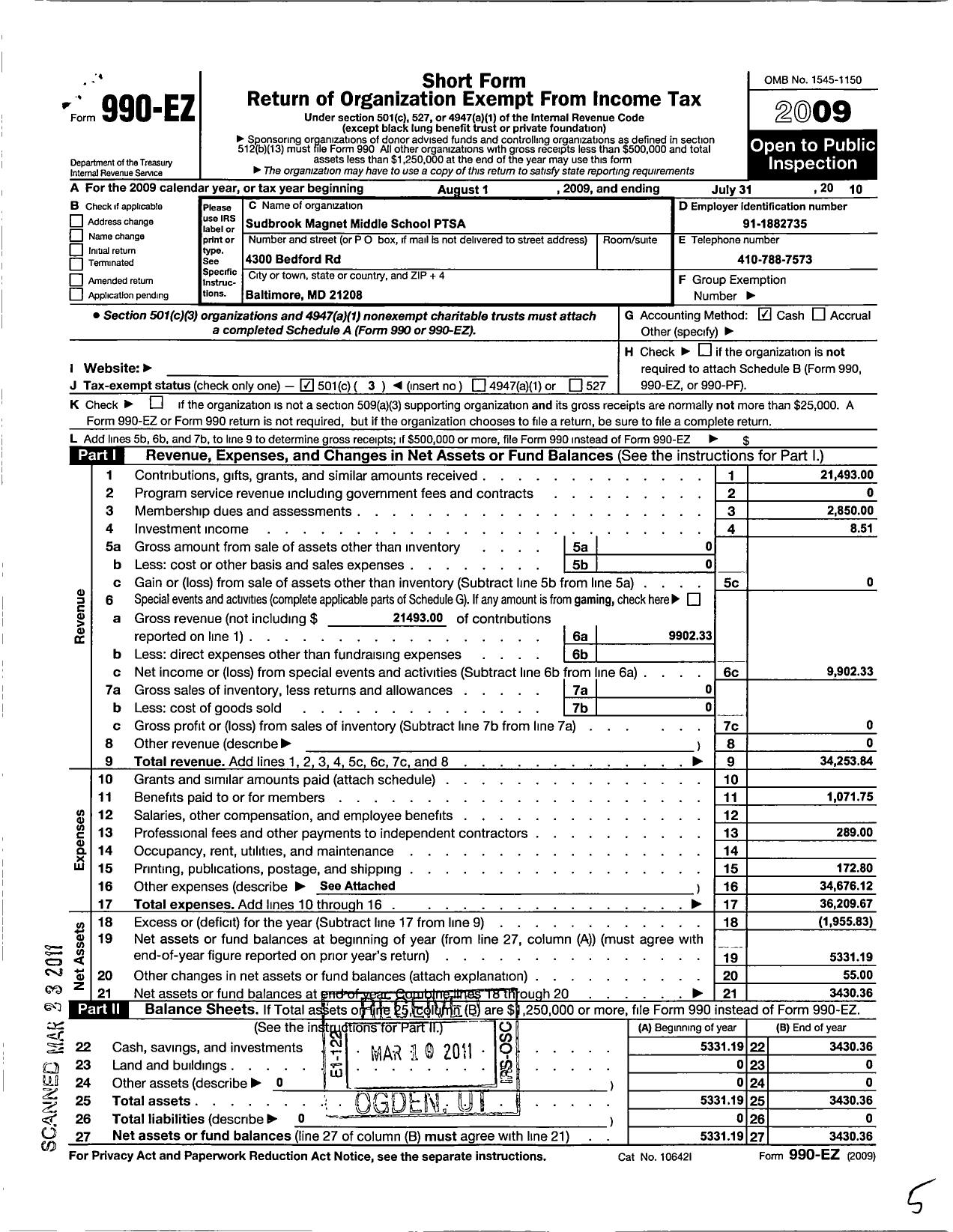 Image of first page of 2009 Form 990EZ for PTA Delaware Congress / Sudbrook Middle Magnet School Ptsa