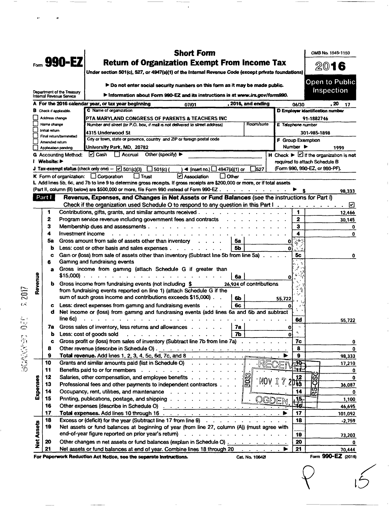 Image of first page of 2016 Form 990EZ for University Park Parent Teachers Association