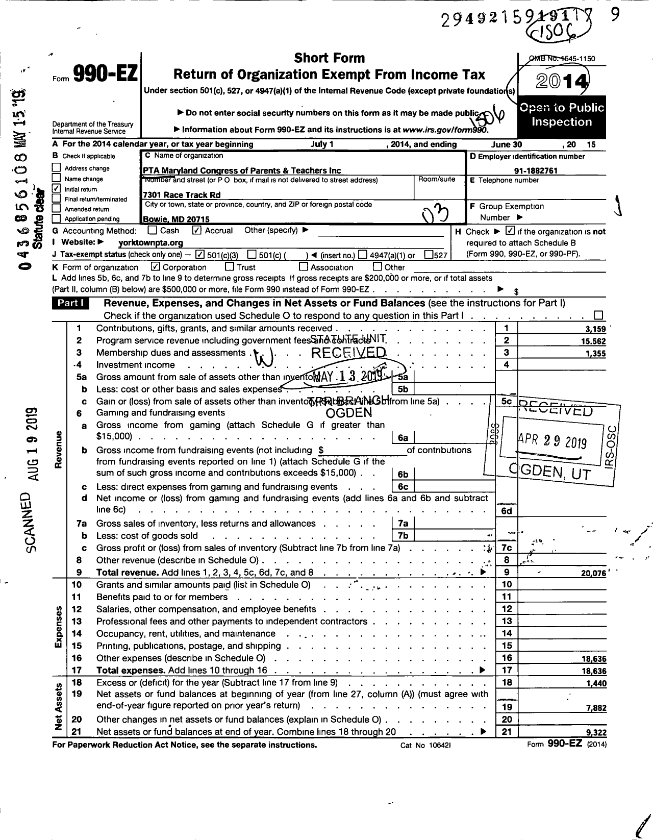 Image of first page of 2014 Form 990EZ for PTA Delaware Congress / Yorktown Elementary PTA