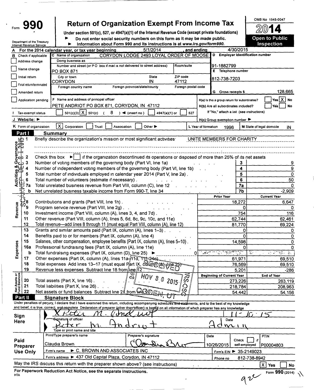 Image of first page of 2014 Form 990O for Corydon Lodge 2493 Loyal Order of Moose