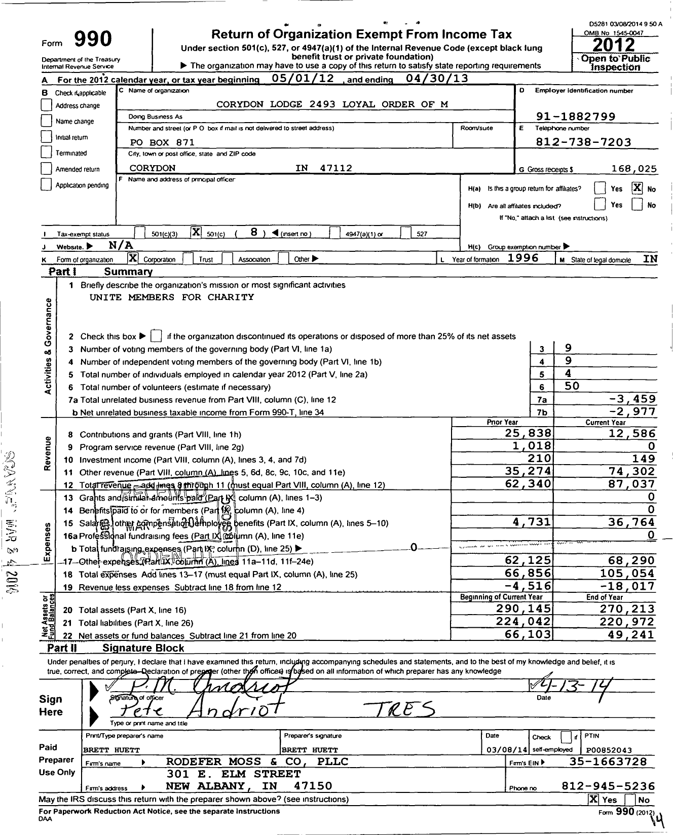 Image of first page of 2012 Form 990O for Corydon Lodge 2493 Loyal Order of Moose