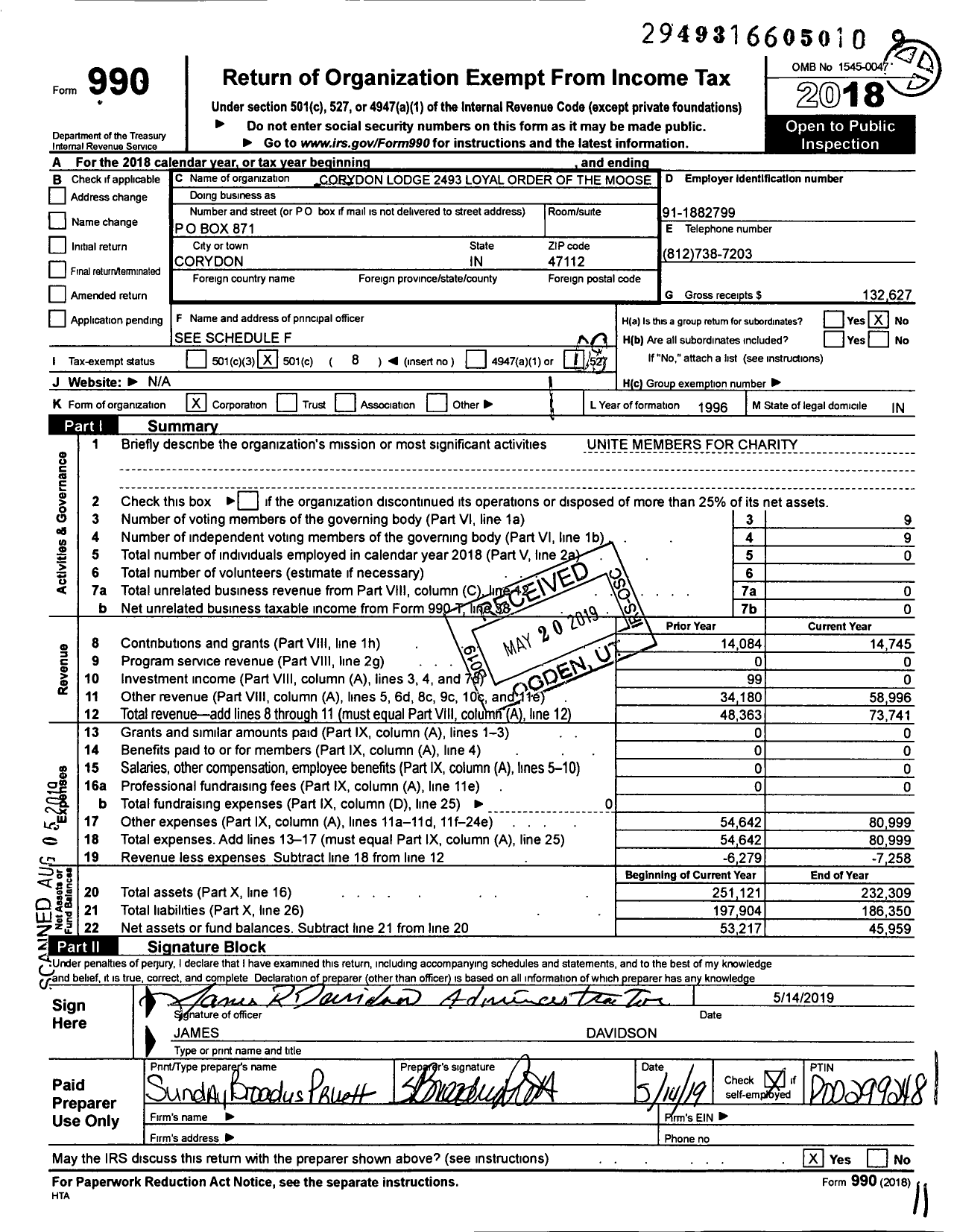 Image of first page of 2018 Form 990O for Corydon Lodge 2493 Loyal Order of Moose