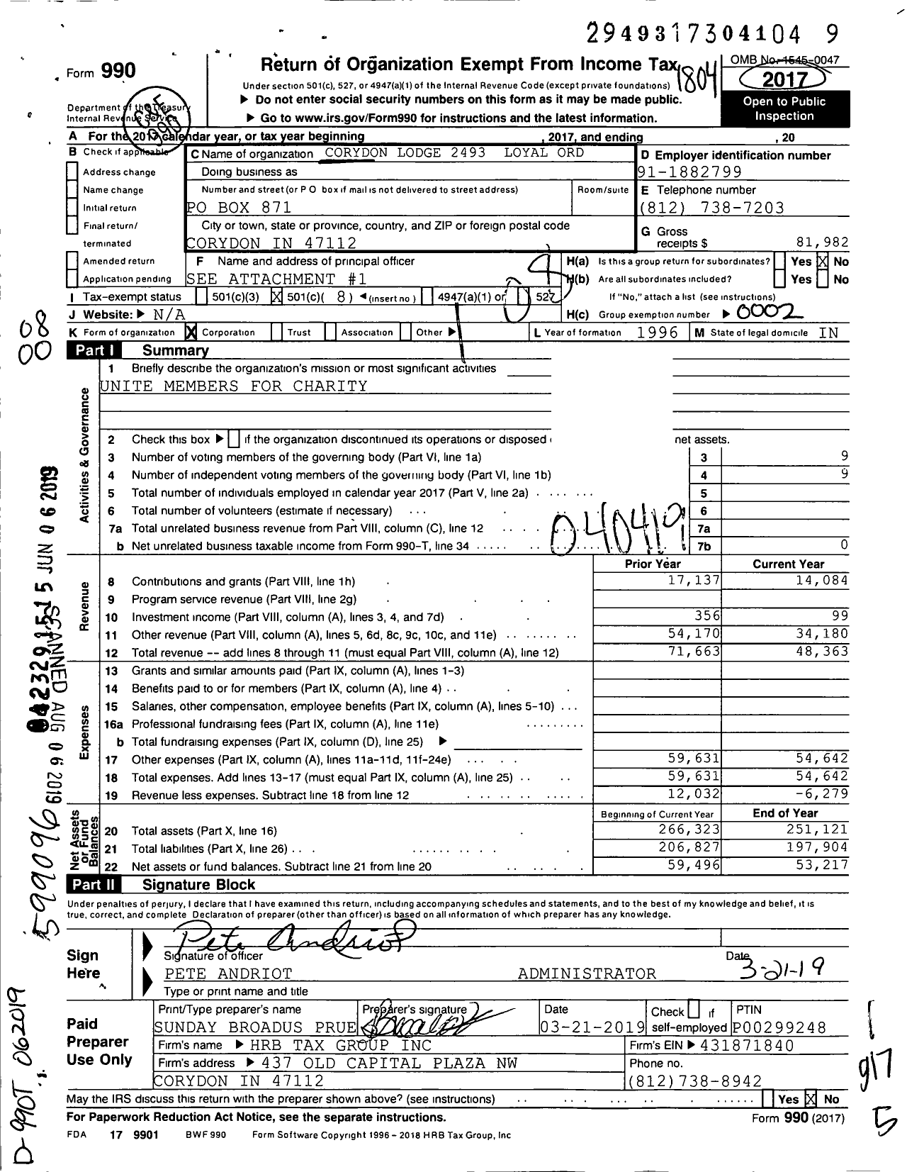 Image of first page of 2017 Form 990O for Corydon Lodge 2493 Loyal Order of Moose