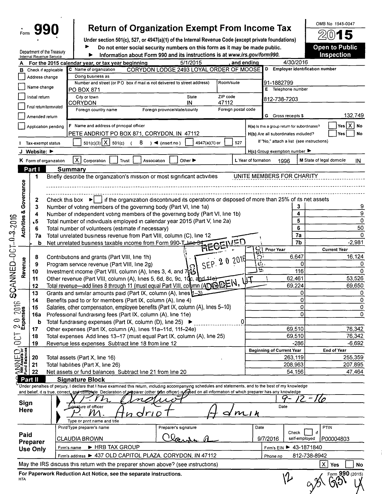 Image of first page of 2015 Form 990O for Corydon Lodge 2493 Loyal Order of Moose