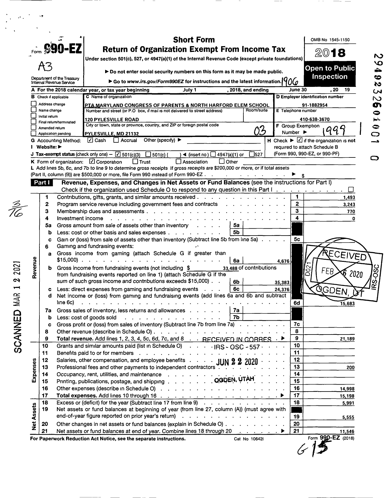 Image of first page of 2018 Form 990EZ for PTA Delaware Congress / North Haford Elementary School PTA