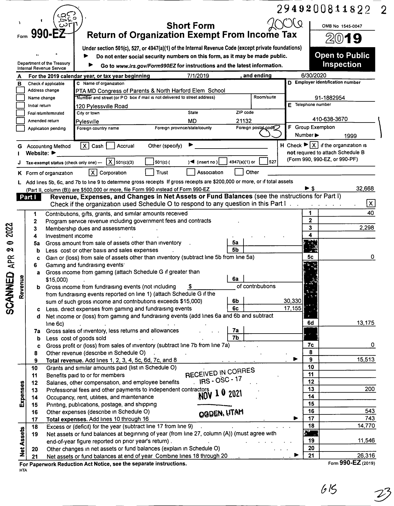 Image of first page of 2019 Form 990EZ for PTA Delaware Congress / North Haford Elementary School PTA