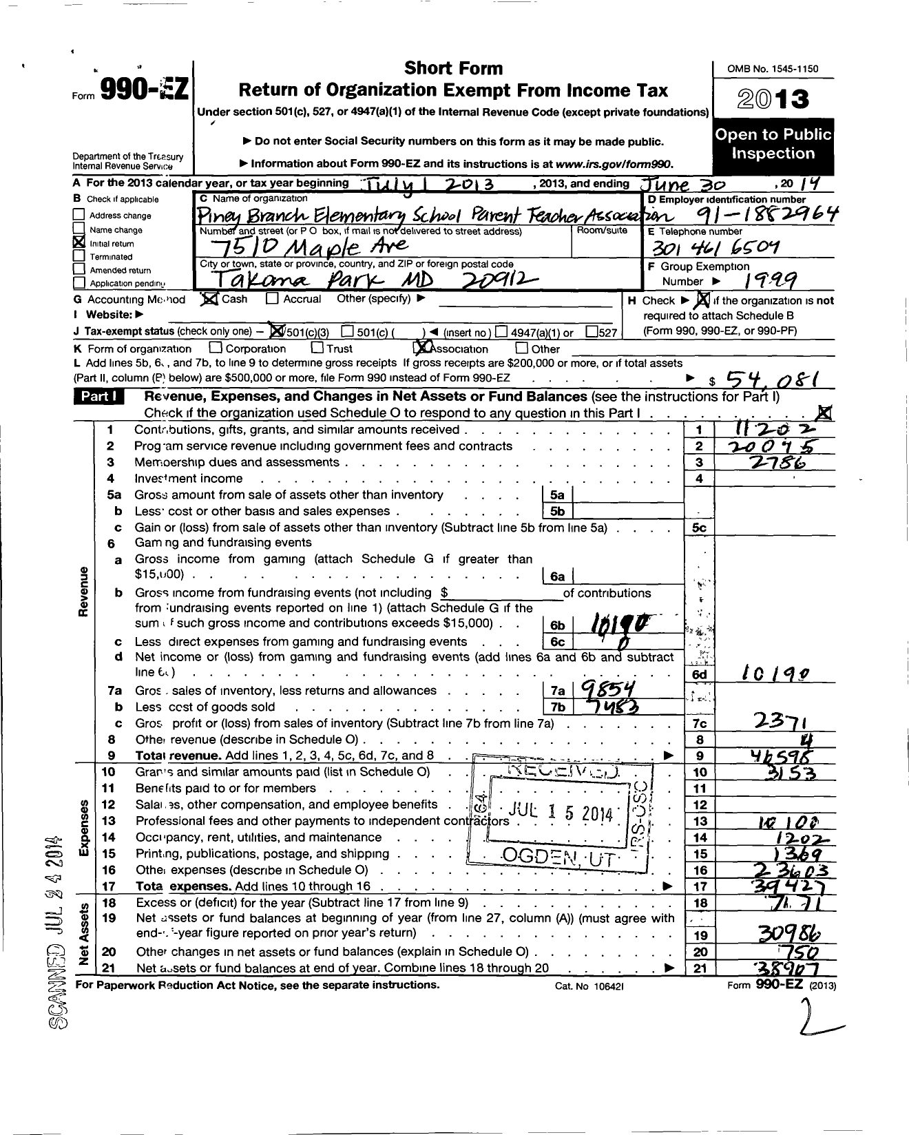 Image of first page of 2013 Form 990EZ for PTA Delaware Congress / Piney Branch Elementary School PTA