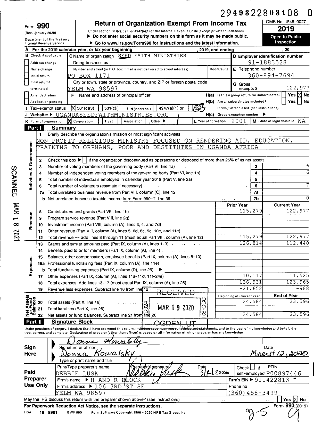 Image of first page of 2019 Form 990 for Seed Faith Ministries