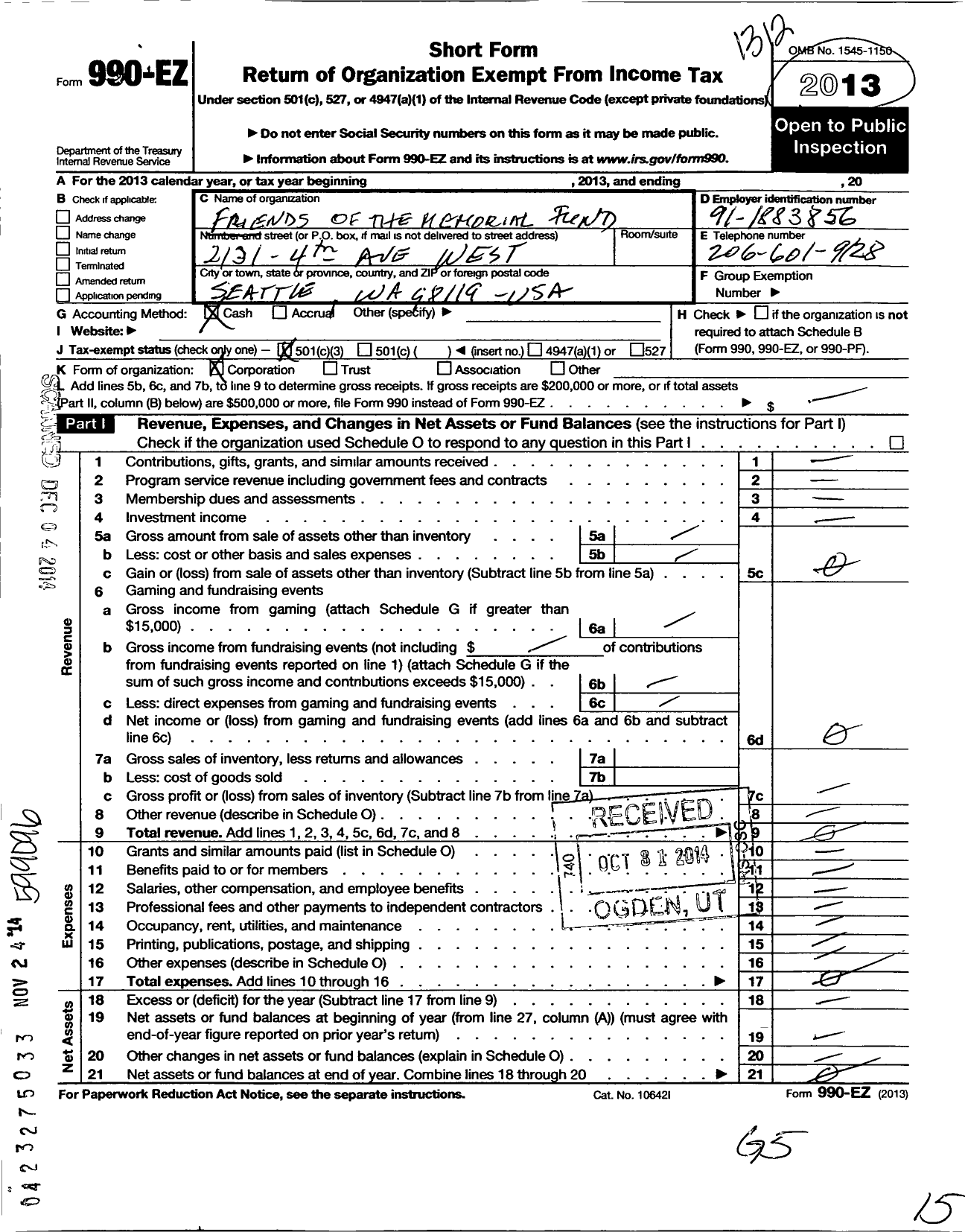 Image of first page of 2013 Form 990EZ for Onyx Fine Arts Collective