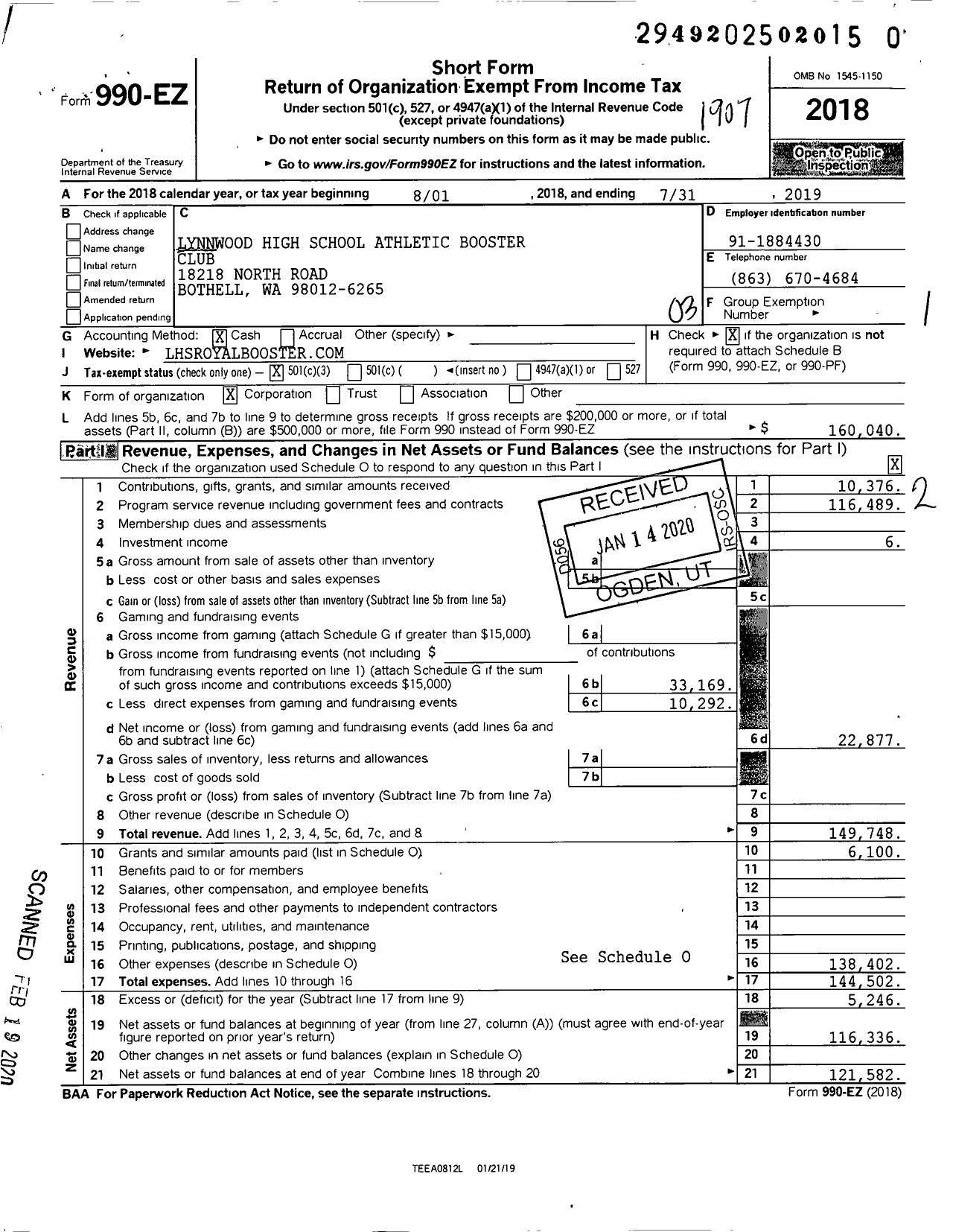 Image of first page of 2018 Form 990EZ for Lynnwood High School Athletic Booster Club