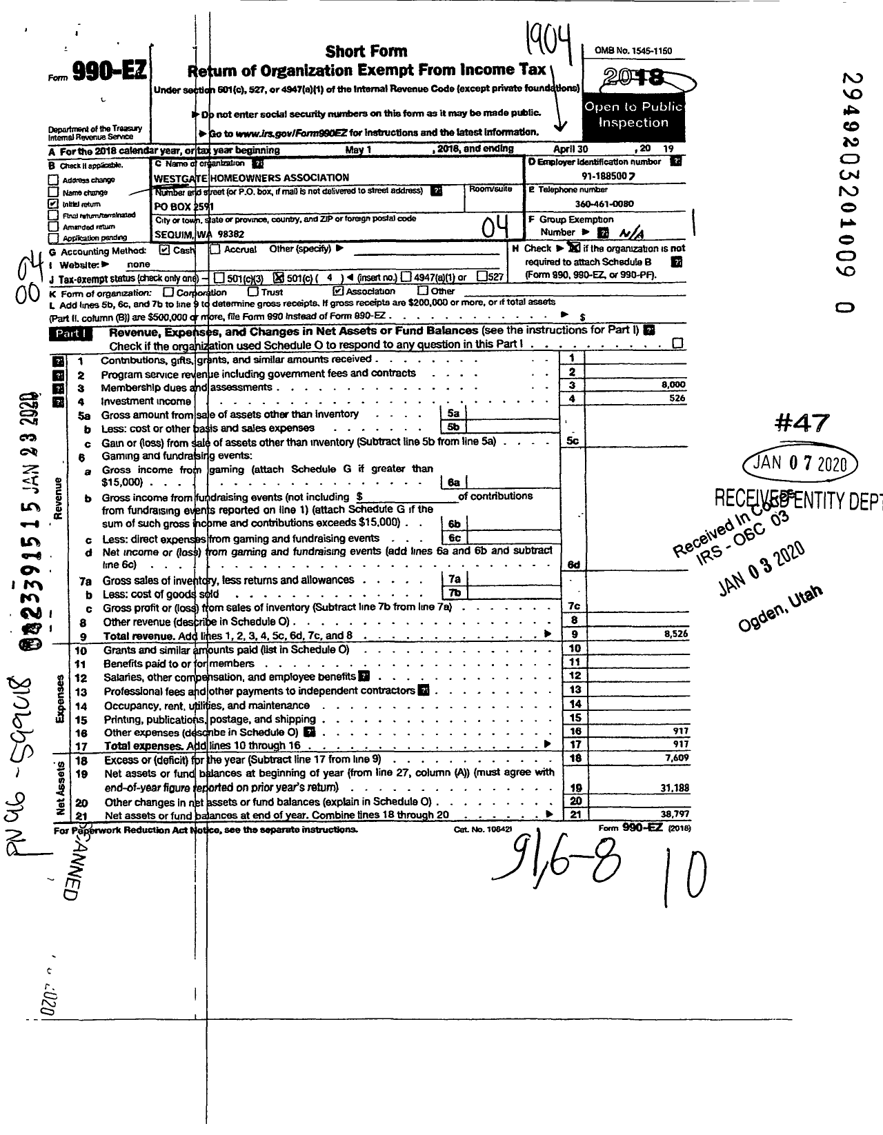 Image of first page of 2018 Form 990EO for Westgate Homeowners Association