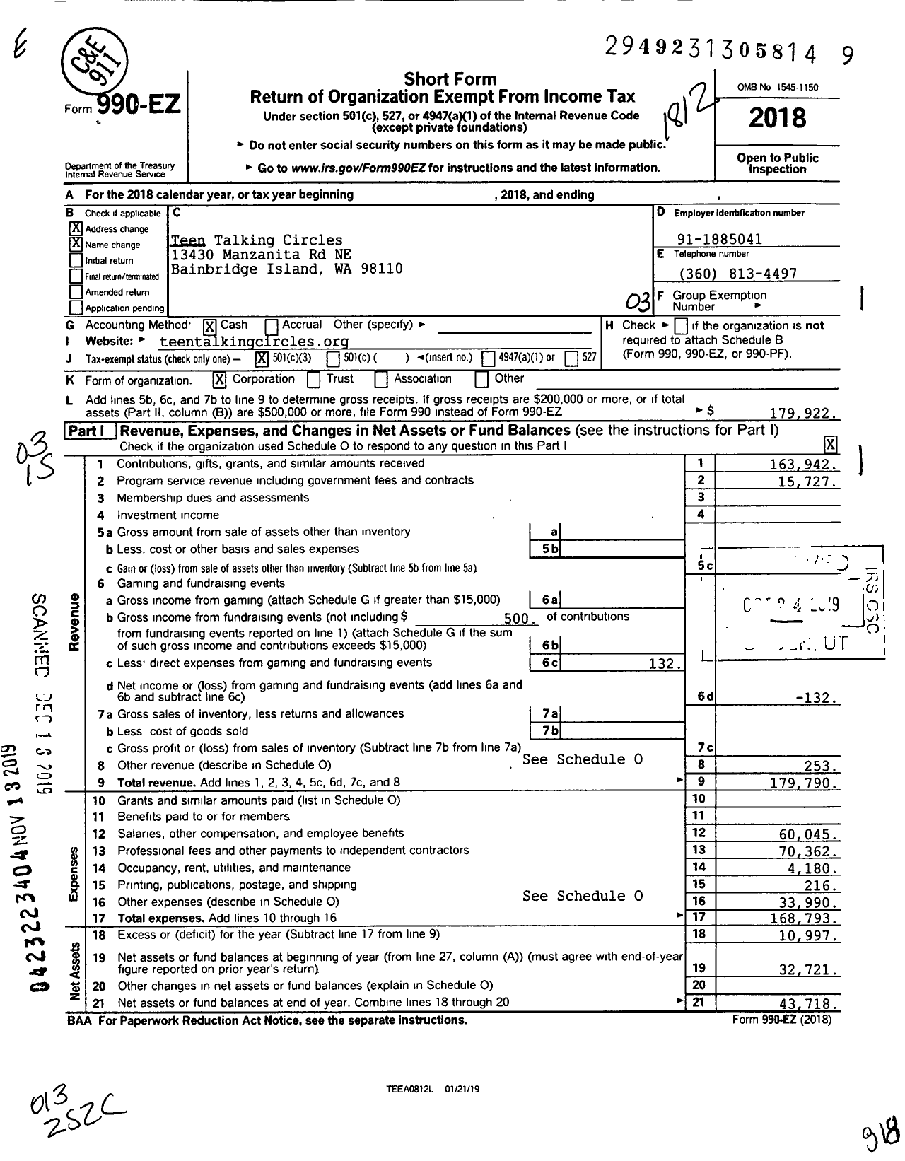 Image of first page of 2018 Form 990EZ for Teen Talking Circles