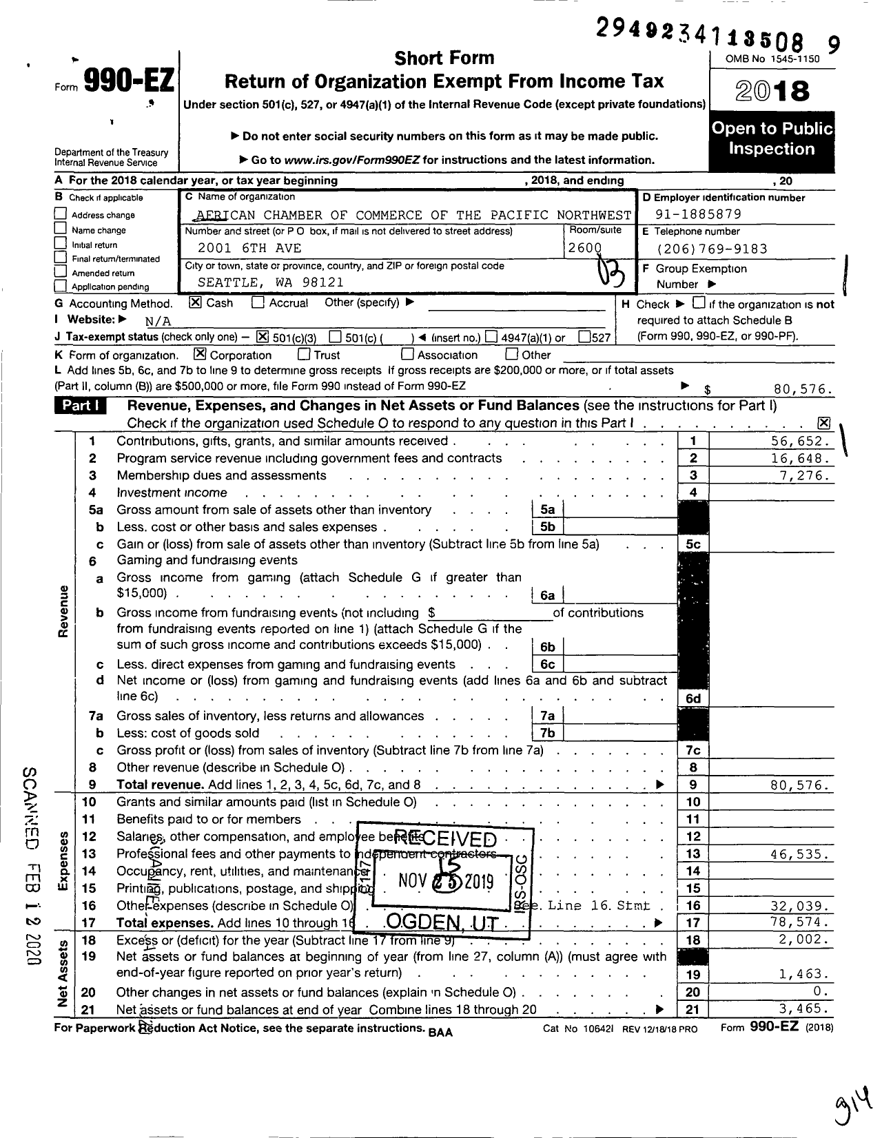 Image of first page of 2018 Form 990EZ for African Chamber of Commerce of Pacific Northwest