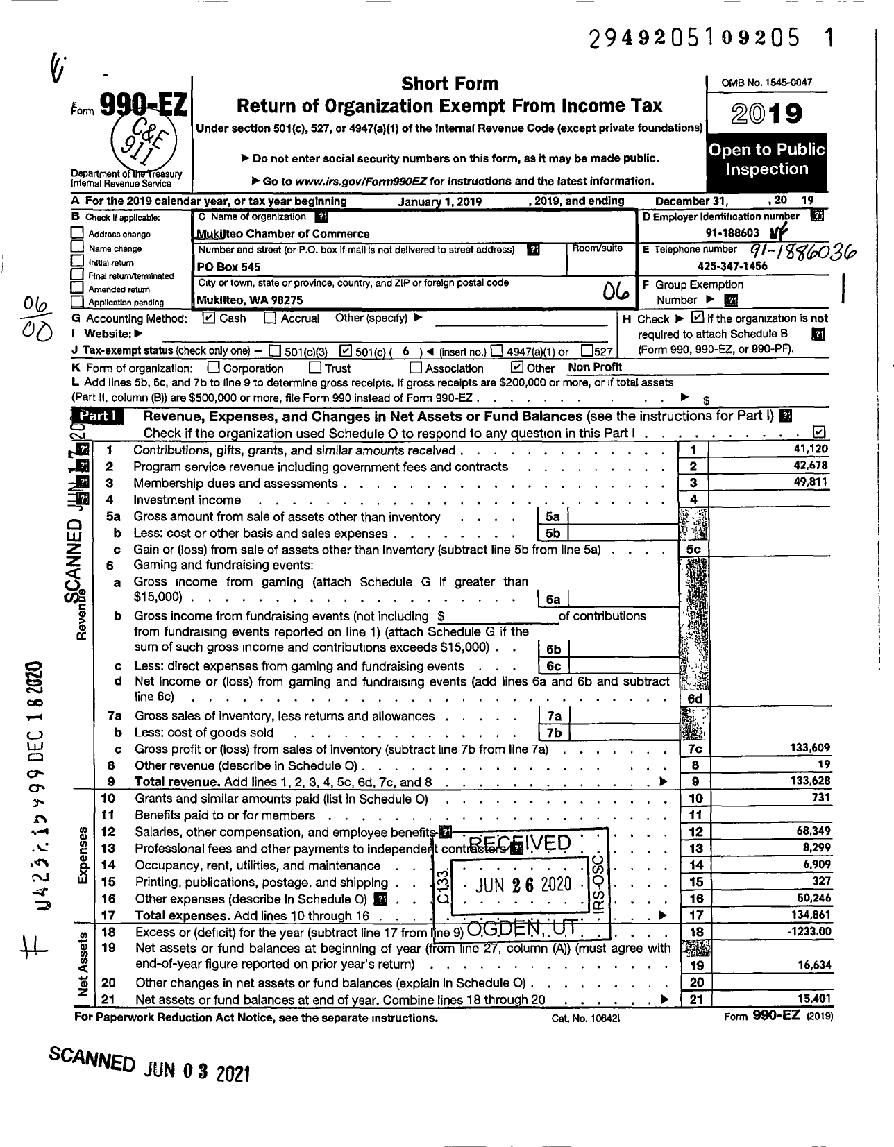 Image of first page of 2019 Form 990EO for Mukilteo Business Association Chamber of Commerce