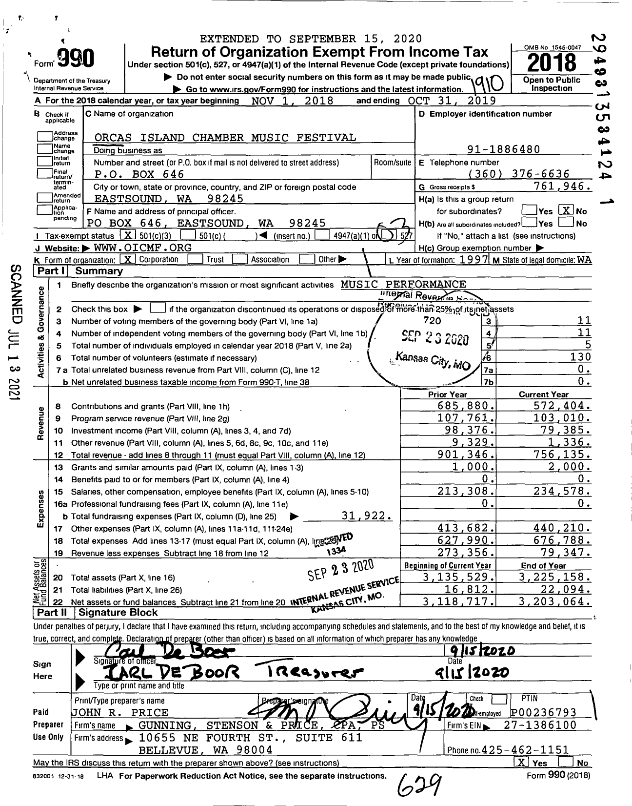 Image of first page of 2018 Form 990 for Orcas Island Chamber Music Festival