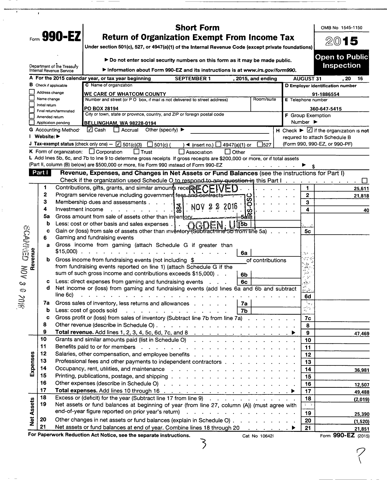 Image of first page of 2015 Form 990EZ for We Care of Whatcom County