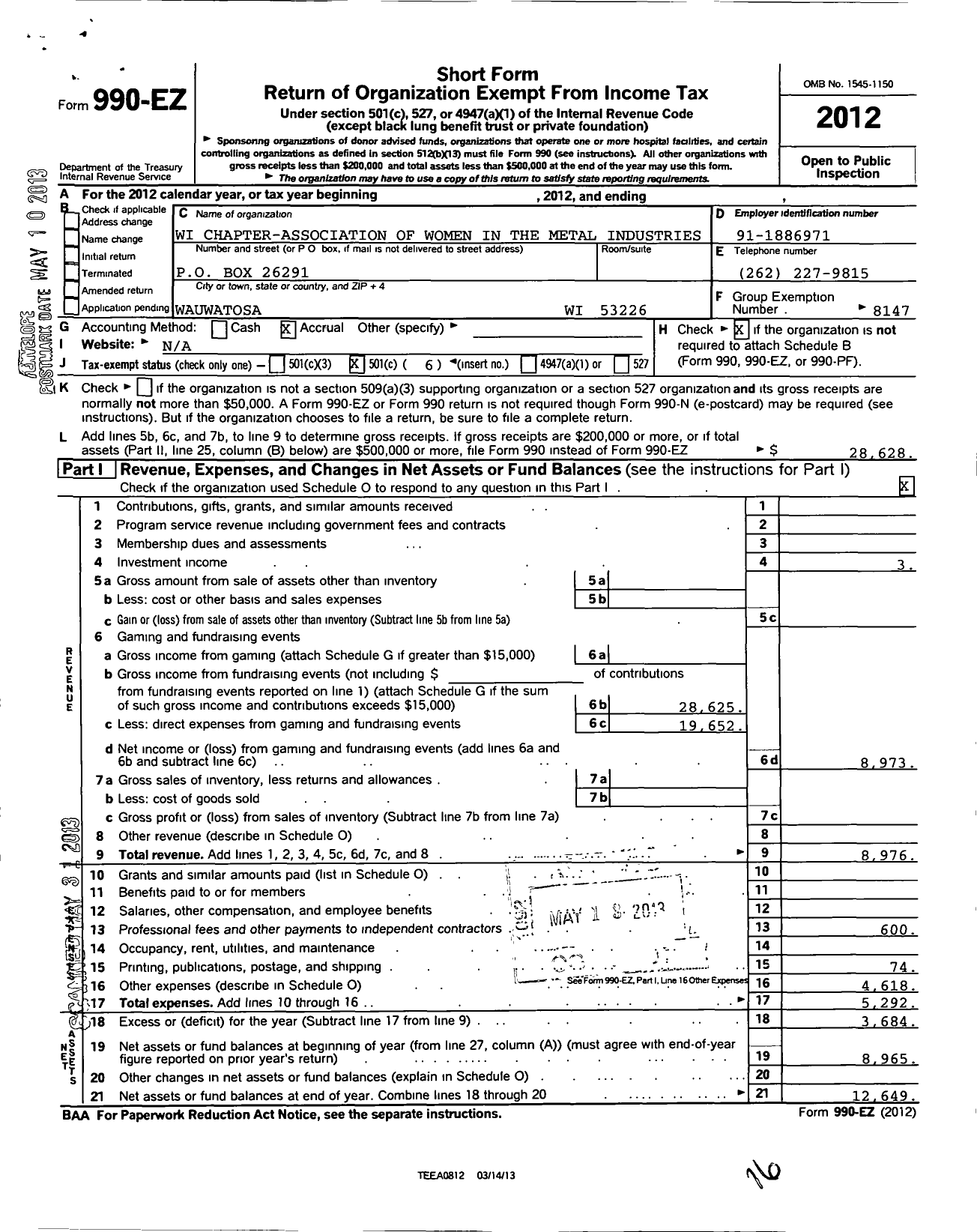 Image of first page of 2012 Form 990EO for Association of Women in the Metal Industries / Wisconsin Chapter