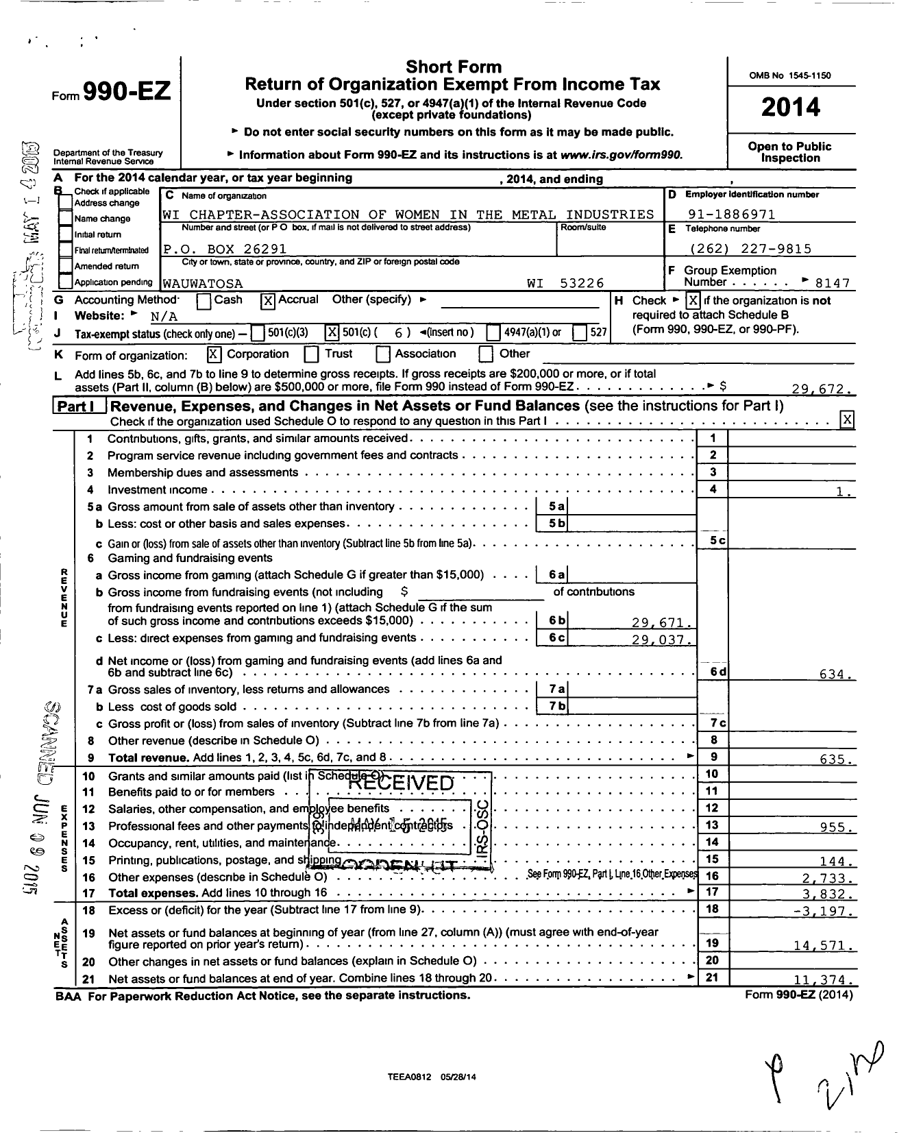 Image of first page of 2014 Form 990EO for Association of Women in the Metal Industries / Wisconsin Chapter