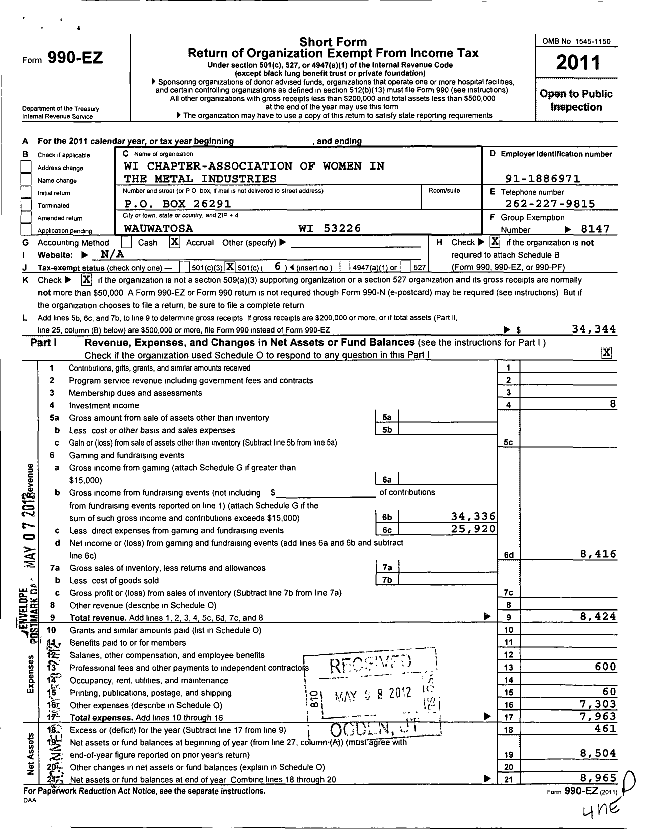 Image of first page of 2011 Form 990EO for Association of Women in the Metal Industries / Wisconsin Chapter