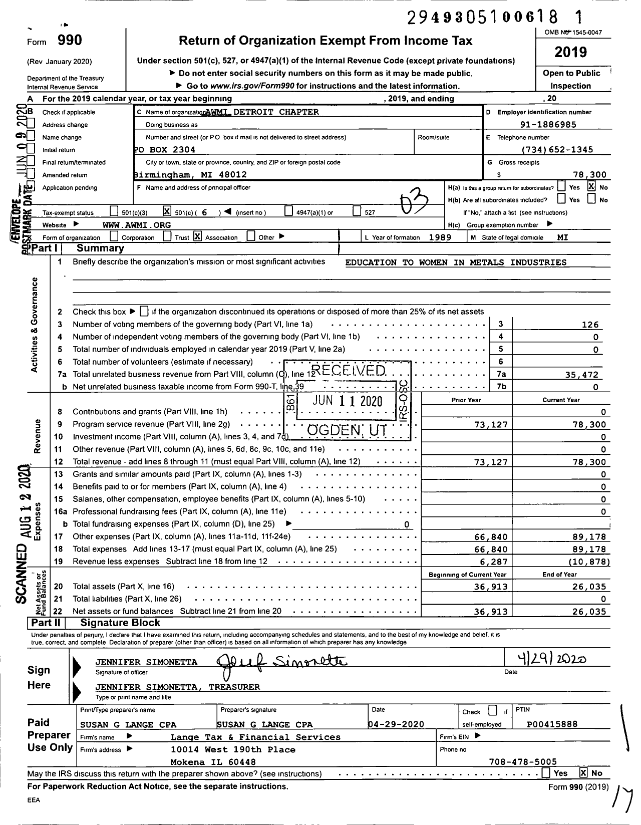 Image of first page of 2019 Form 990 for Awmi Detroit Chapter