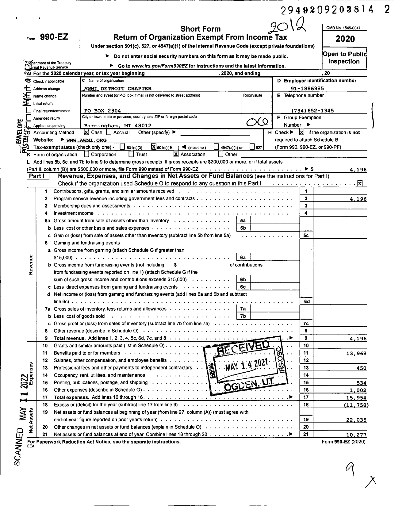 Image of first page of 2020 Form 990EO for Awmi Detroit Chapter