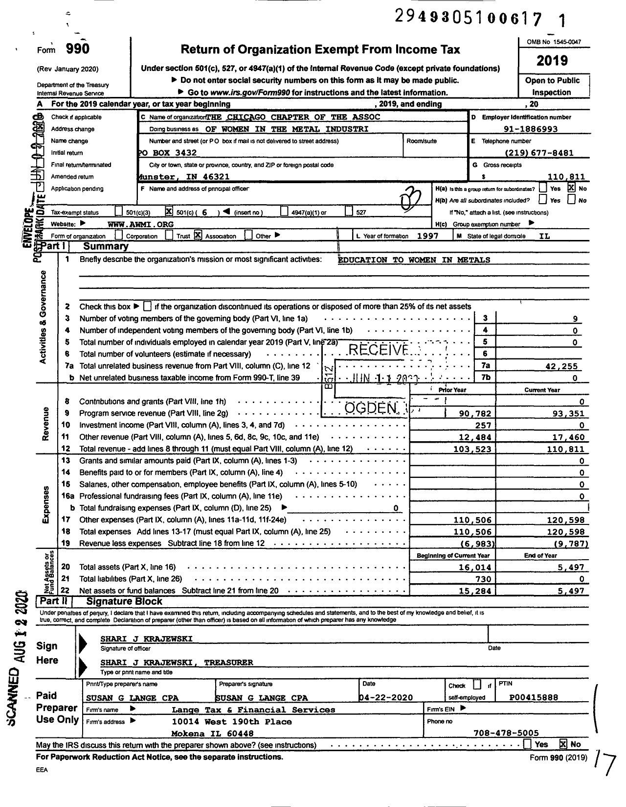 Image of first page of 2019 Form 990 for The Chicago Chapter of the Association of Women in the Metal Industries