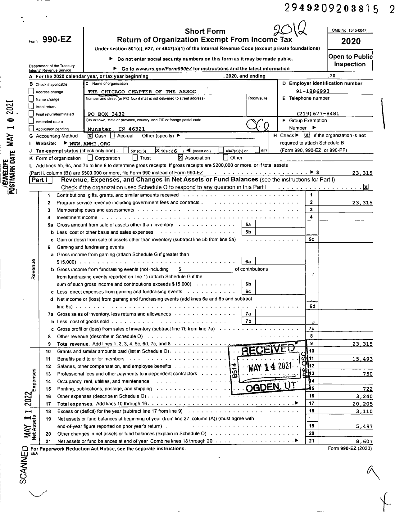 Image of first page of 2020 Form 990EO for The Chicago Chapter of the Association of Women in the Metal Industries