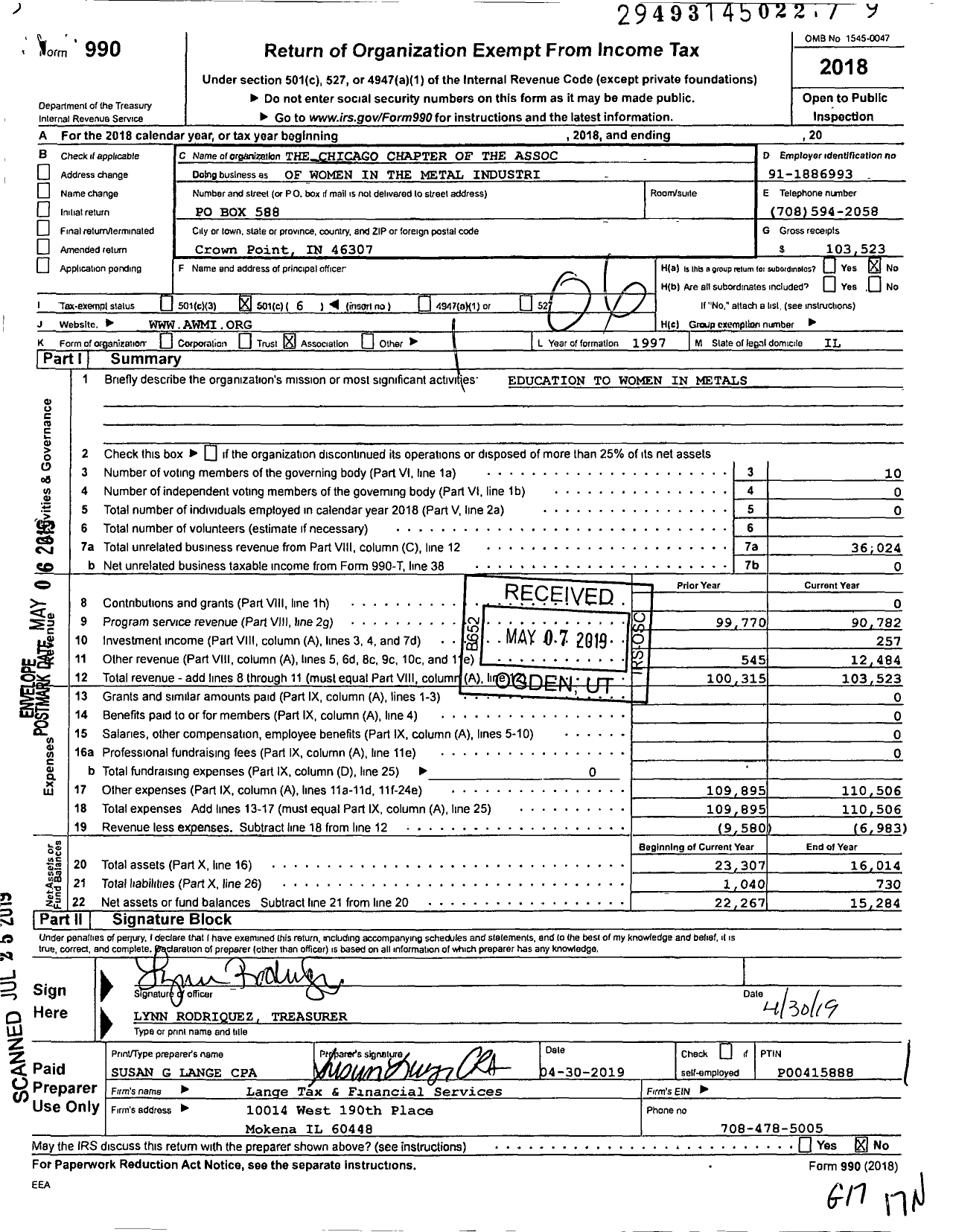 Image of first page of 2018 Form 990O for The Chicago Chapter of the Association of Women in the Metal Industries