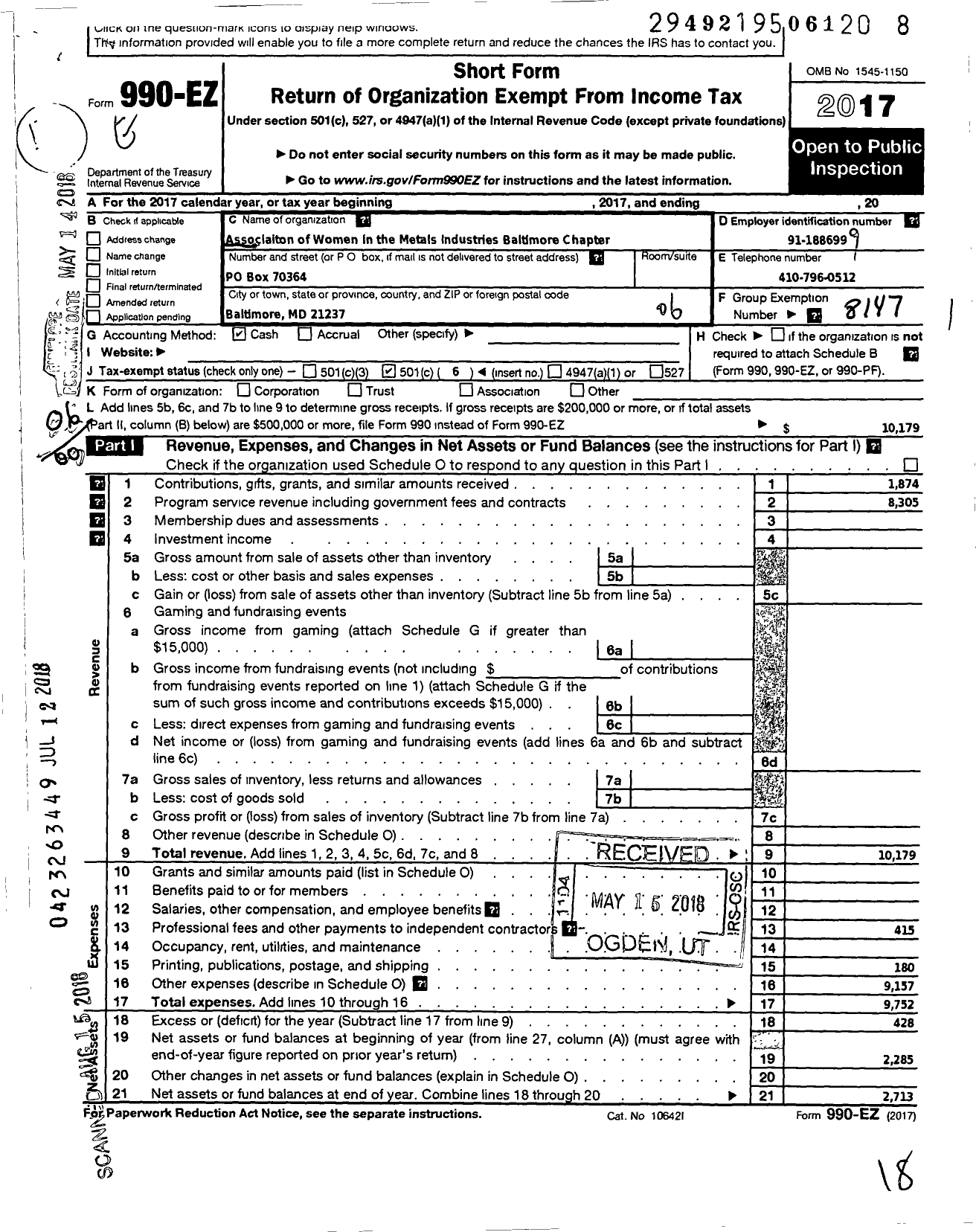 Image of first page of 2017 Form 990EO for Association of Women in the Metal Industries Baltimore Chapter