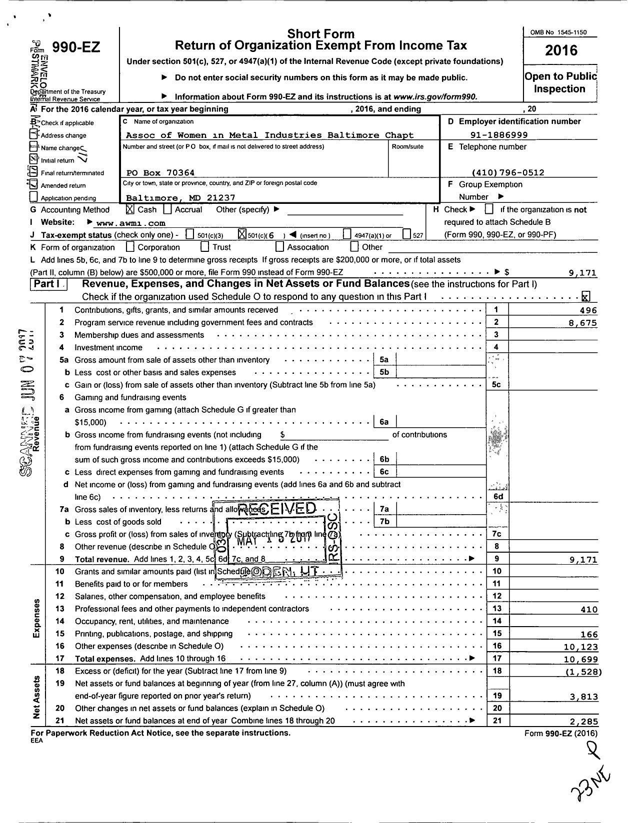 Image of first page of 2016 Form 990EO for Association of Women in the Metal Industries Baltimore Chapter